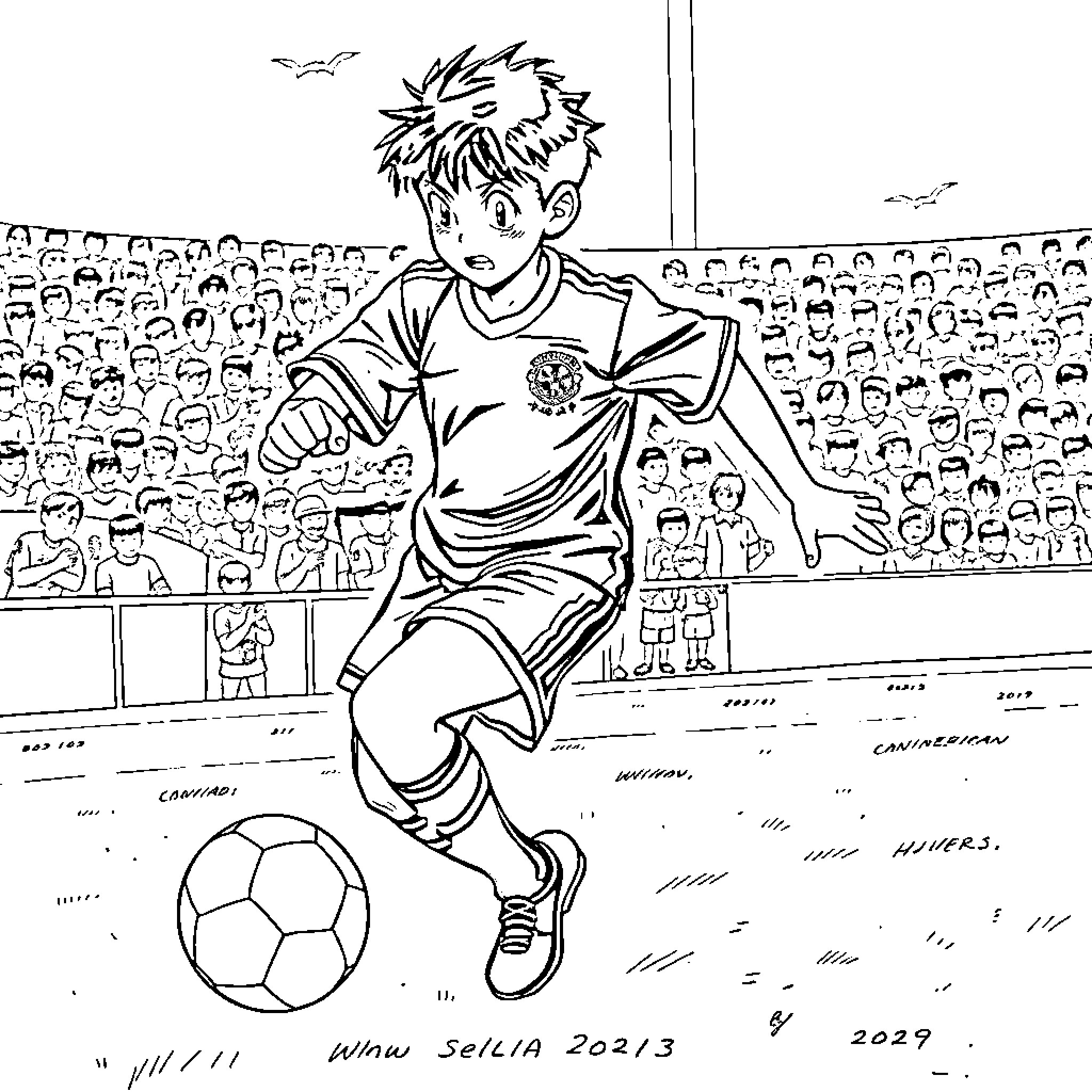 Kojiro plays soccer with enthusiasm in the stadium Coloring Page (free black-and-white line drawing printable PDF for all, from beginners to advanced learners, including children, teens, adults, and seniors)