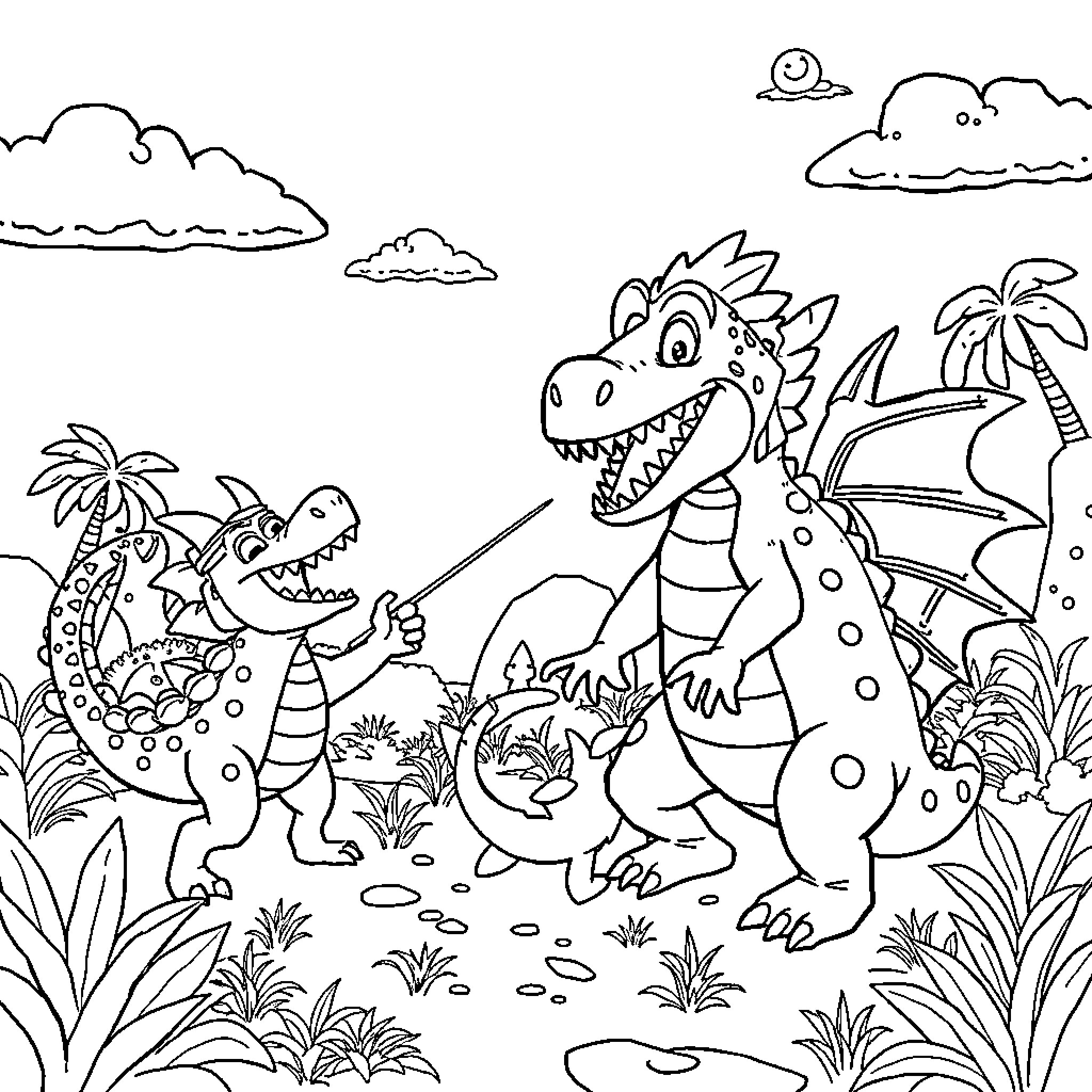 Tralalero Dinosaurs Roaming the Tropical Landscape Coloring Page (free black-and-white line drawing printable PDF for all, from beginners to advanced learners, including children, teens, adults, and seniors)
