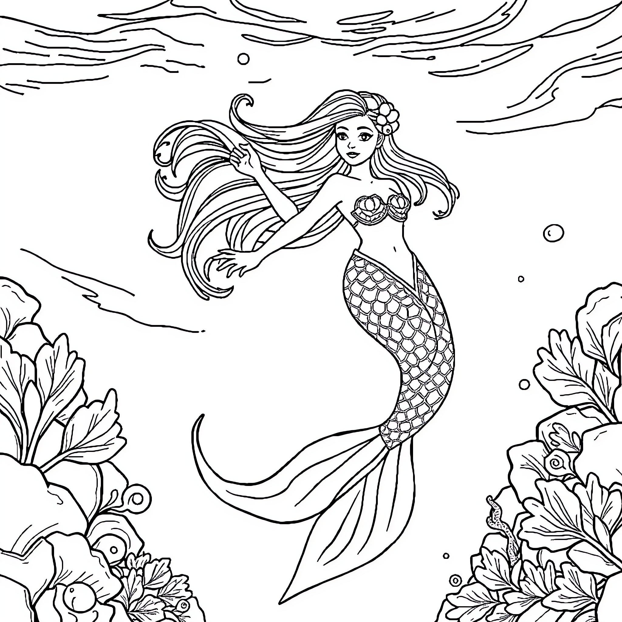 Mermaid swimming gracefully in the ocean Coloring Page (free black-and-white line drawing printable PDF for all, from beginners to advanced learners, including children, teens, adults, and seniors)