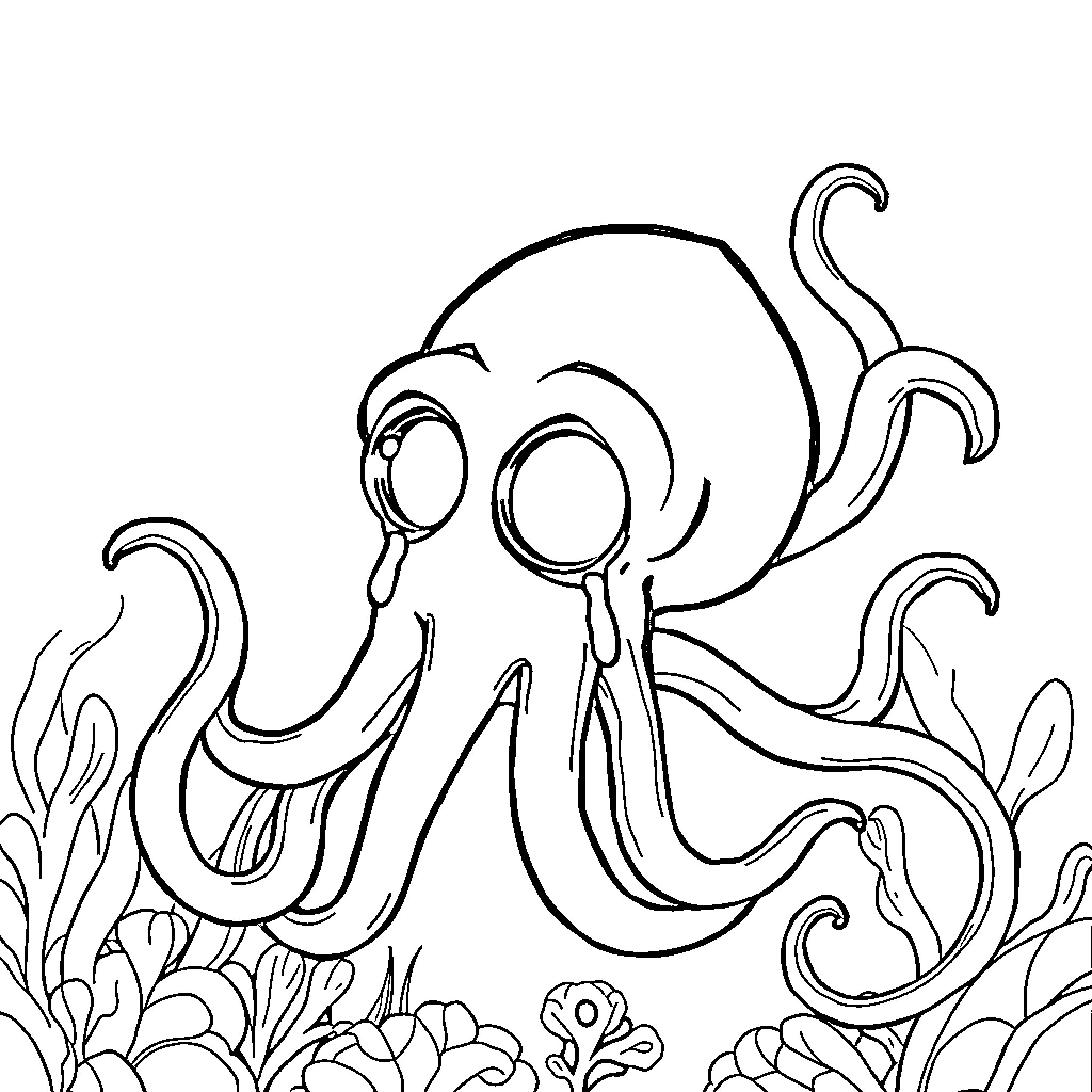 Squid with playful expression in underwater scene Coloring Page (free black-and-white line drawing printable PDF for all, from beginners to advanced learners, including children, teens, adults, and seniors)