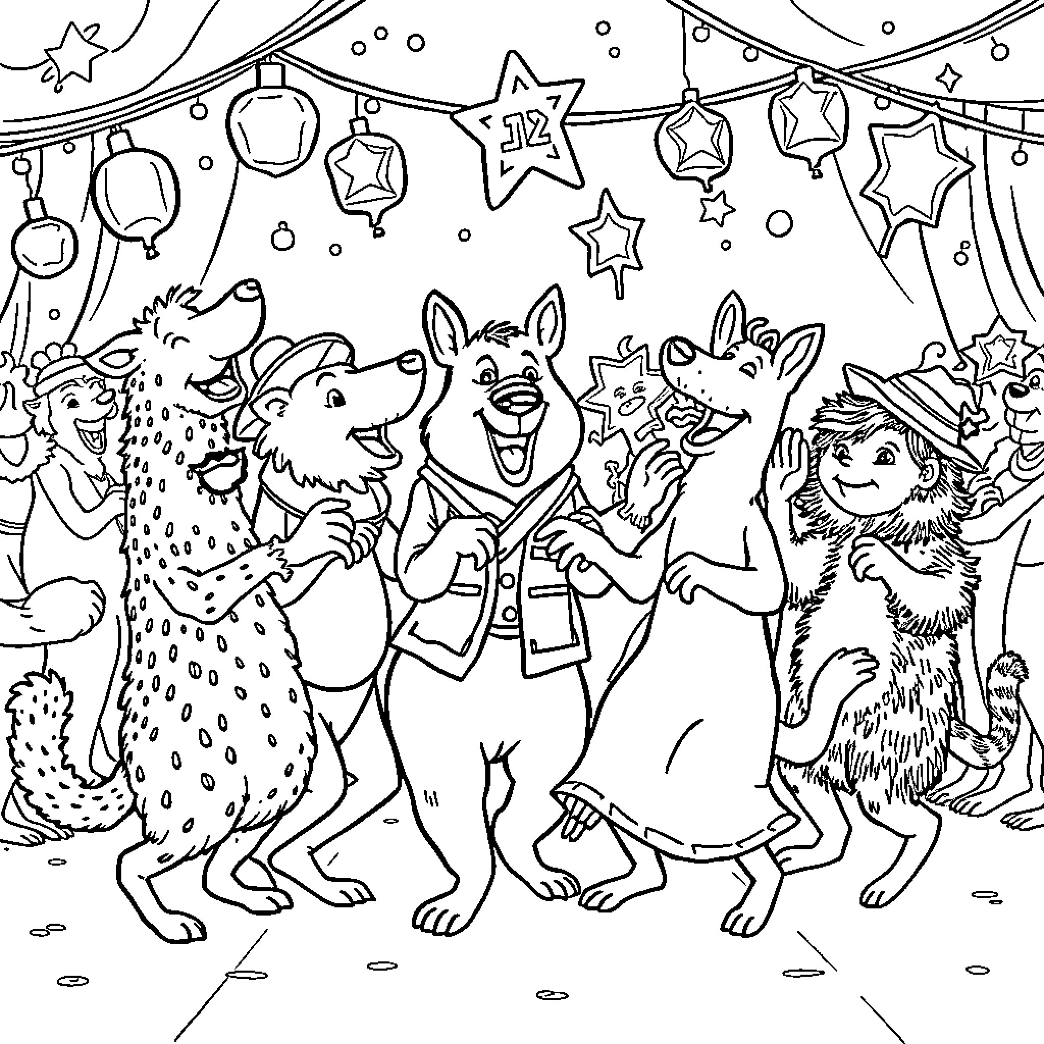 Animal characters celebrating with festive decor Coloring Page (free black-and-white line drawing printable PDF for all, from beginners to advanced learners, including children, teens, adults, and seniors)