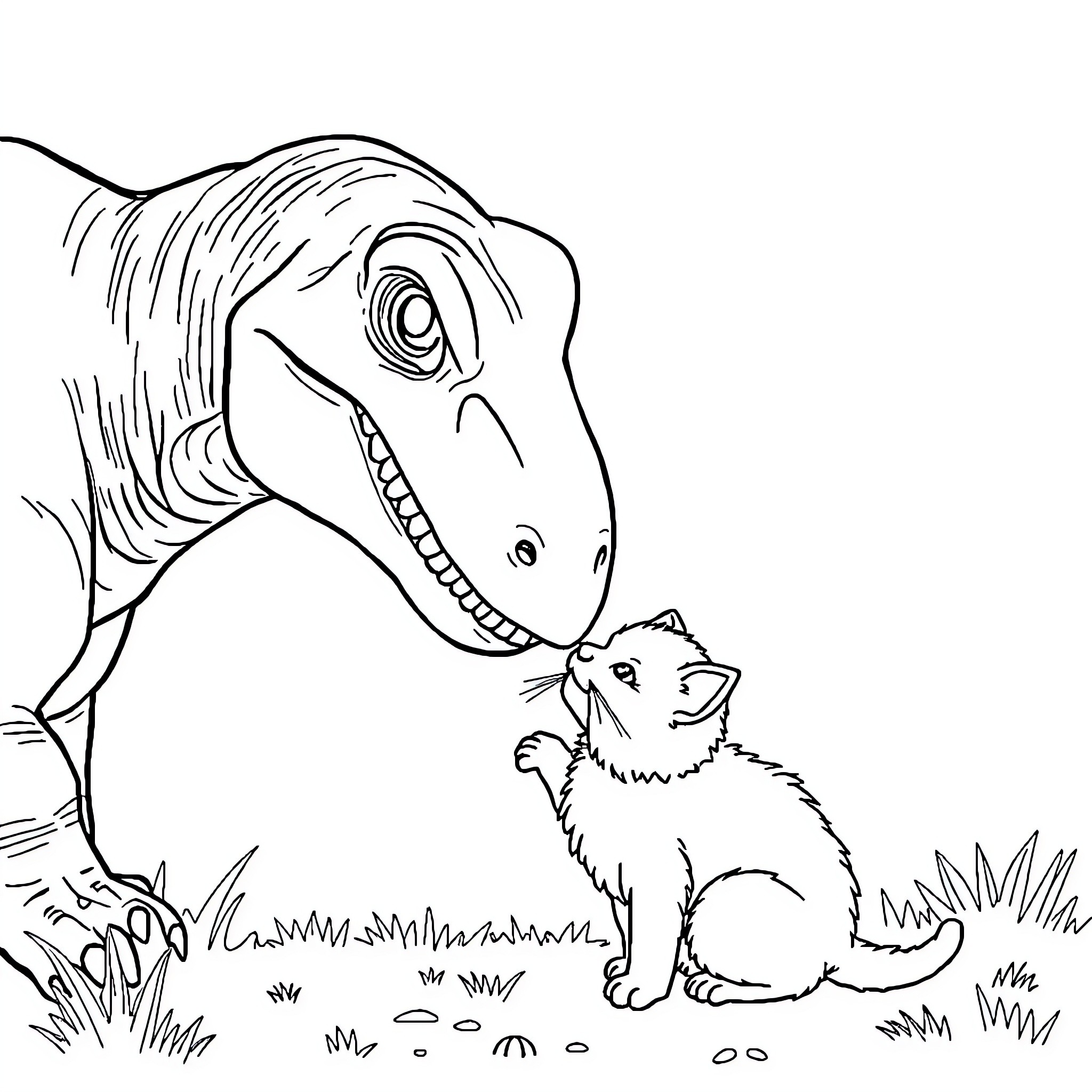 Dinosaur and Curious Cat Encounter Coloring Page (free black-and-white line drawing printable PDF for all, from beginners to advanced learners, including children, teens, adults, and seniors)