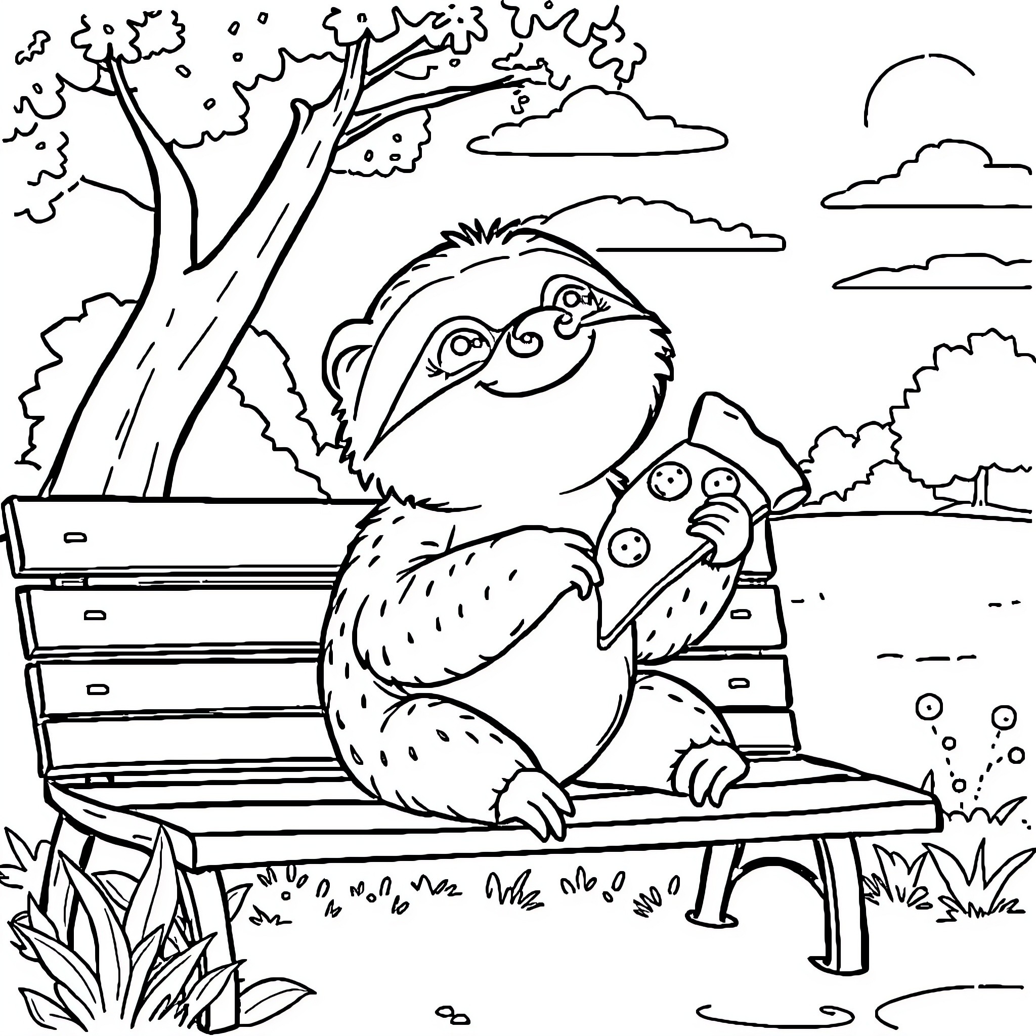 Sloth relaxing peacefully on a park bench Coloring Page (free black-and-white line drawing printable PDF for all, from beginners to advanced learners, including children, teens, adults, and seniors)