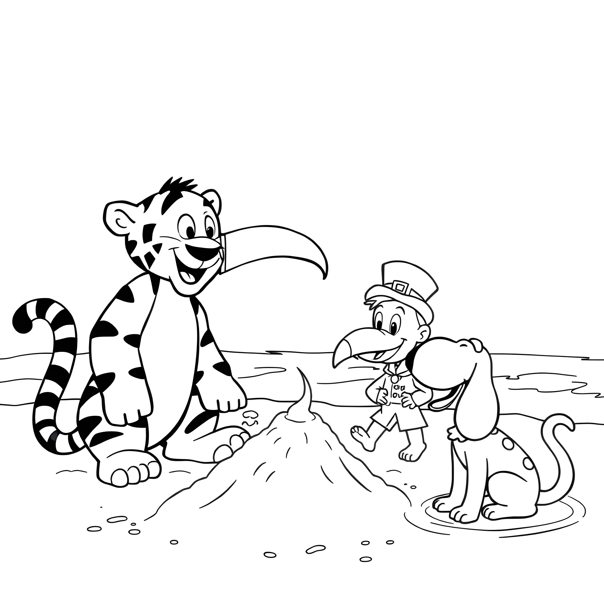 Tony's Safari Adventure with Smiling Friends Coloring Page (free black-and-white line drawing printable PDF for all, from beginners to advanced learners, including children, teens, adults, and seniors)