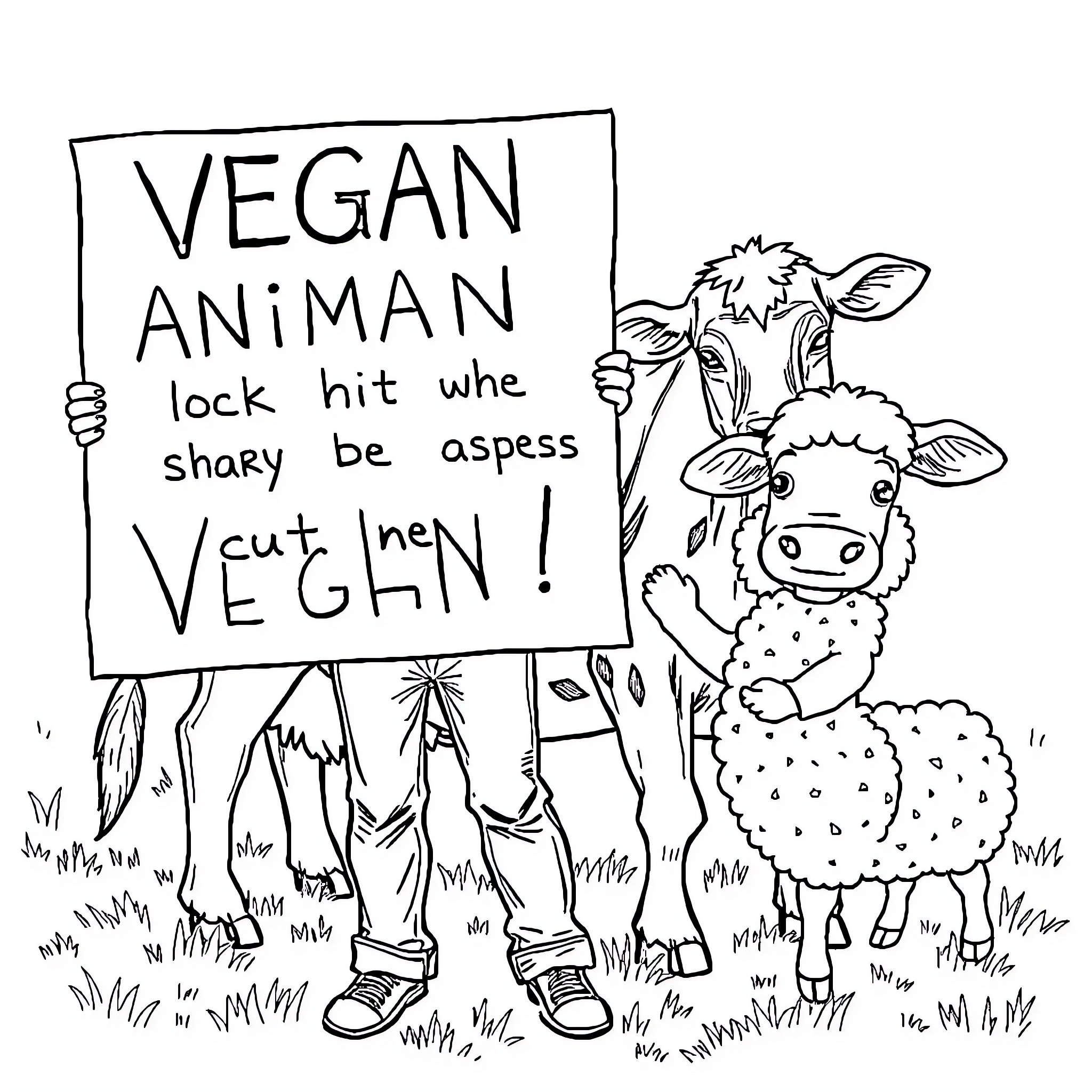 Vegan activists with animals protesting for animal rights Coloring Page (free black-and-white line drawing printable PDF for all, from beginners to advanced learners, including children, teens, adults, and seniors)
