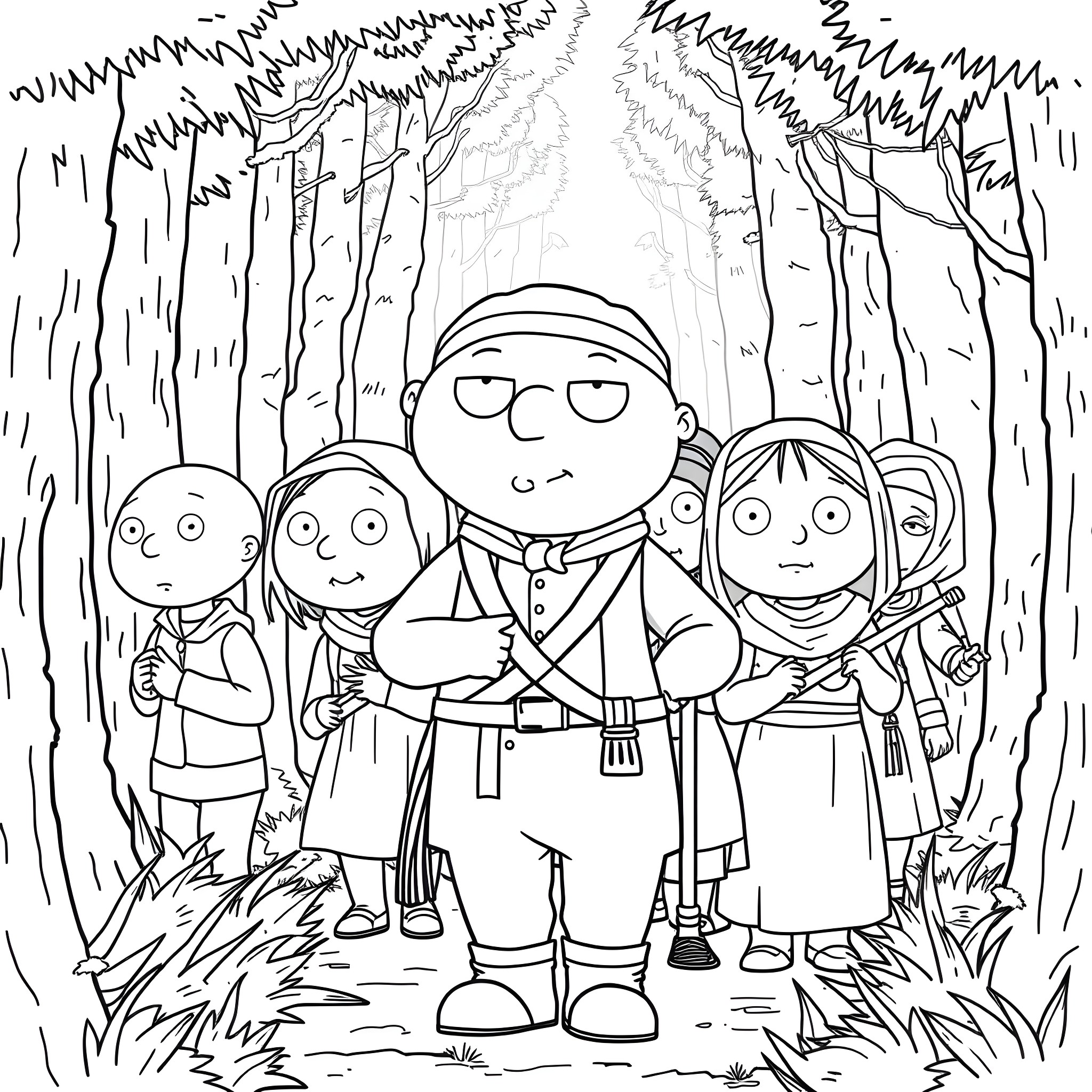 Stewie Griffin and friends in the forest Coloring Page (free black-and-white line drawing printable PDF for all, from beginners to advanced learners, including children, teens, adults, and seniors)