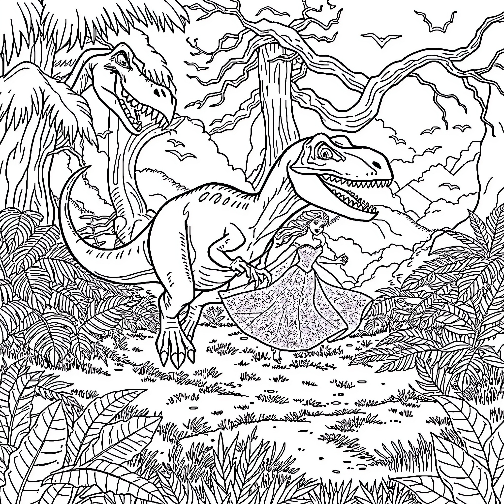 Velociraptor Encounter in Lush Prehistoric Landscape Coloring Page (free black-and-white line drawing printable PDF for all, from beginners to advanced learners, including children, teens, adults, and seniors)