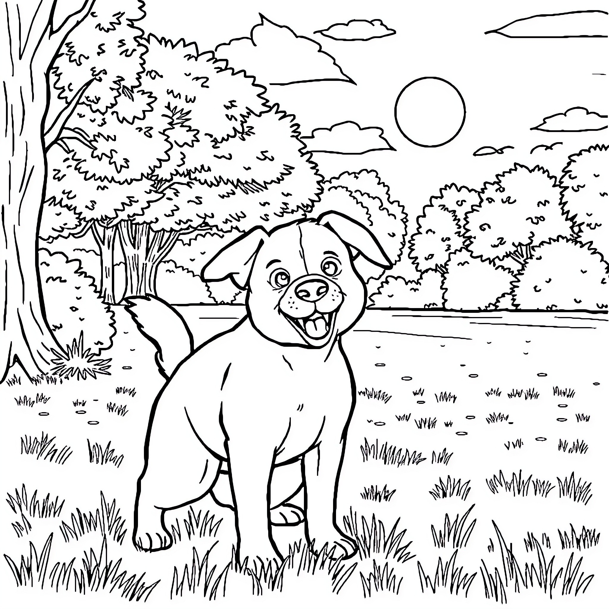 Dog playing happily in the park Coloring Page (free black-and-white line drawing printable PDF for all, from beginners to advanced learners, including children, teens, adults, and seniors)