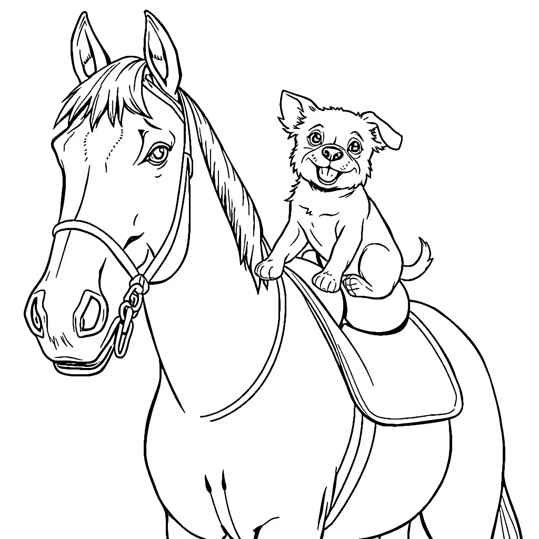 Dog riding happily on a horse Coloring Page (free black-and-white line drawing printable PDF for all, from beginners to advanced learners, including children, teens, adults, and seniors)
