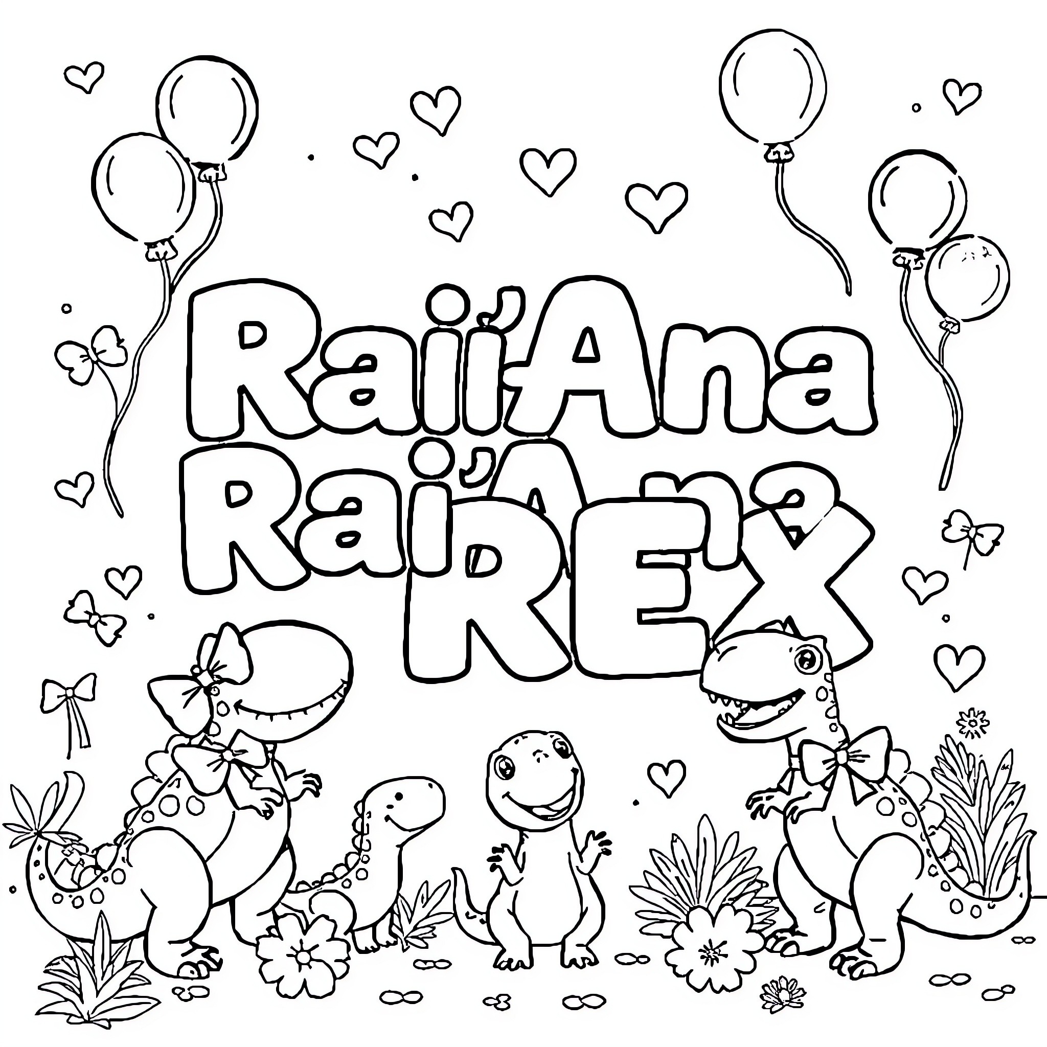 Dinosaur characters in festive celebration with balloons Coloring Page (free black-and-white line drawing printable PDF for all, from beginners to advanced learners, including children, teens, adults, and seniors)