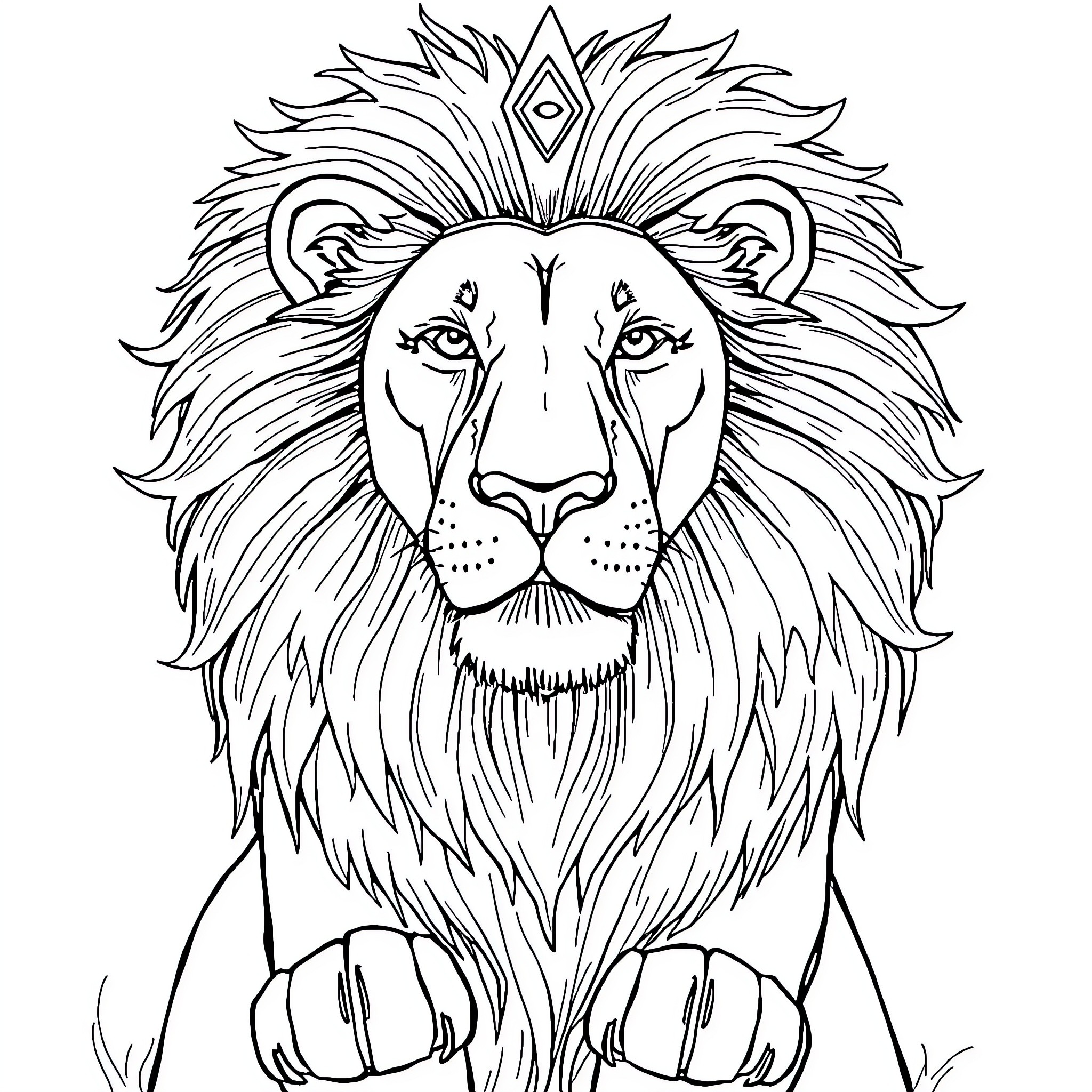 Lion with majestic mane and decorative headdress Coloring Page (free black-and-white line drawing printable PDF for all, from beginners to advanced learners, including children, teens, adults, and seniors)