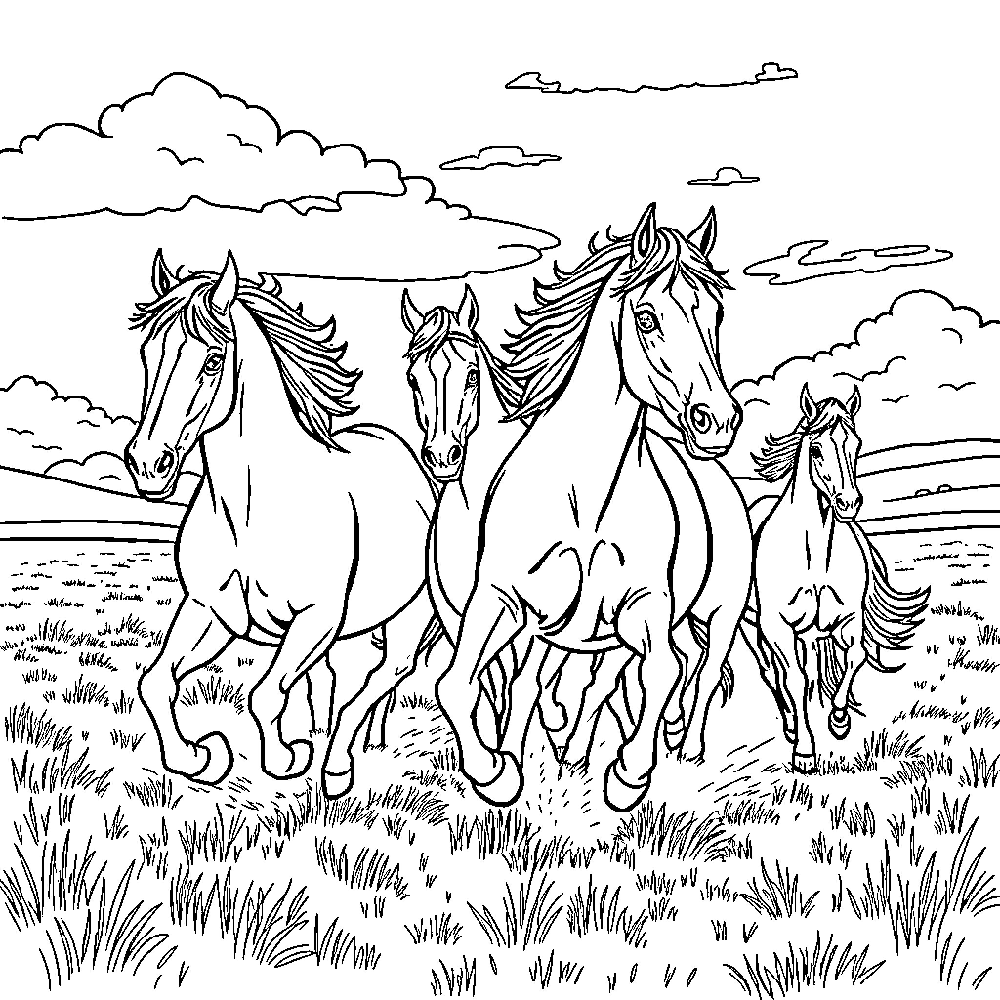 Horse herd galloping through field under cloudy sky Coloring Page (free black-and-white line drawing printable PDF for all, from beginners to advanced learners, including children, teens, adults, and seniors)