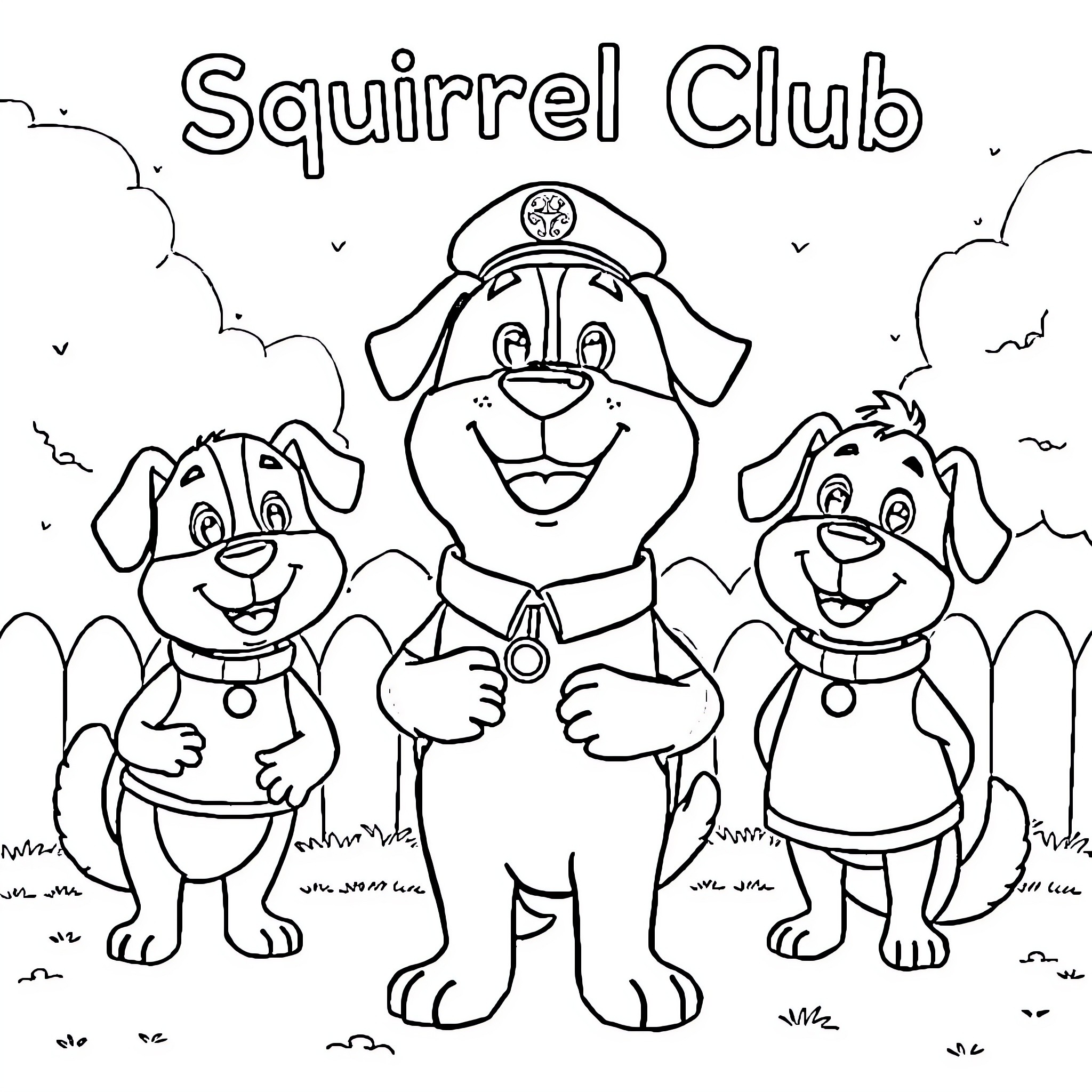 Duggee and his Squirrel Club members Coloring Page (free black-and-white line drawing printable PDF for all, from beginners to advanced learners, including children, teens, adults, and seniors)