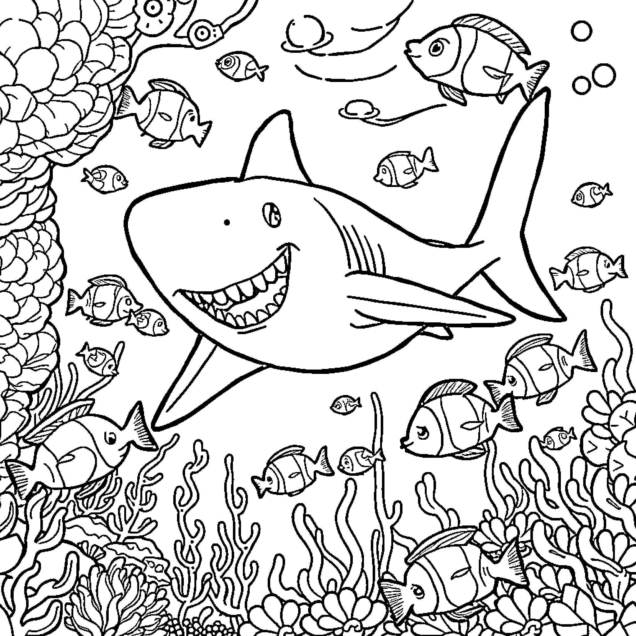 Shark swimming among colorful sea creatures Coloring Page (free black-and-white line drawing printable PDF for all, from beginners to advanced learners, including children, teens, adults, and seniors)
