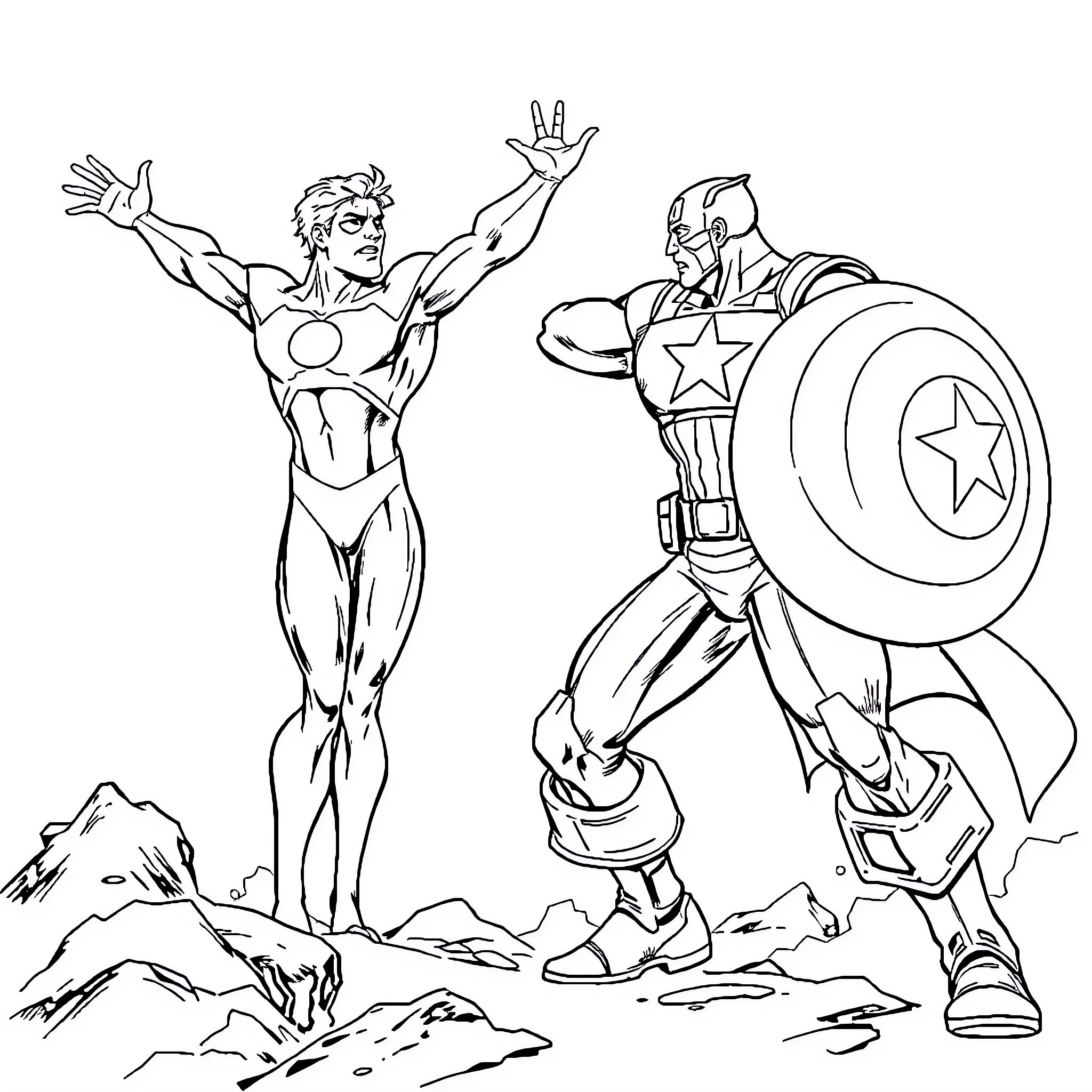 Mr. Fantastic heroically facing off against Captain America Coloring Page (free black-and-white line drawing printable PDF for all, from beginners to advanced learners, including children, teens, adults, and seniors)