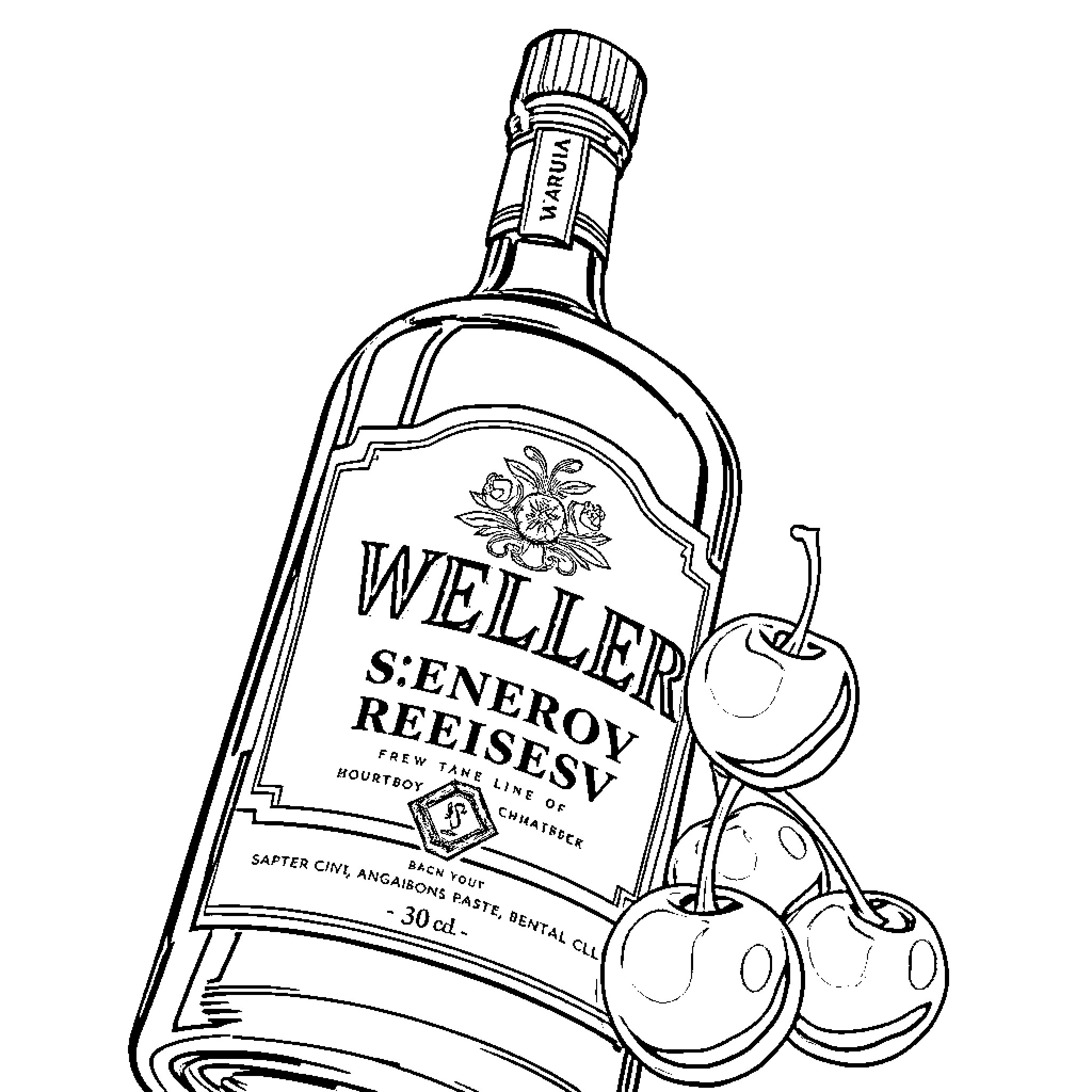 Bourbon bottle with cherries decorative design Coloring Page (free black-and-white line drawing printable PDF for all, from beginners to advanced learners, including children, teens, adults, and seniors)
