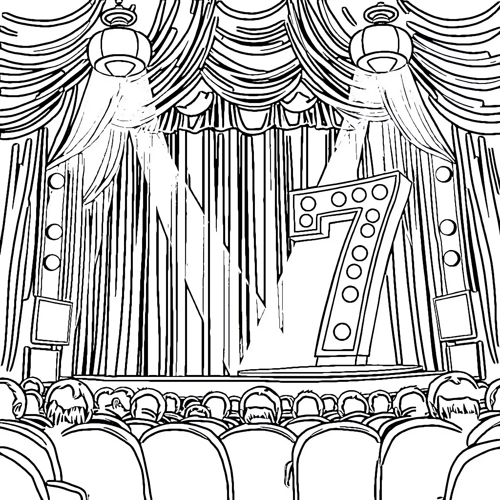 Number 7: Theatrical Stage with Curtains and Spotlights Coloring Page (free black-and-white line drawing printable PDF for all, from beginners to advanced learners, including children, teens, adults, and seniors)