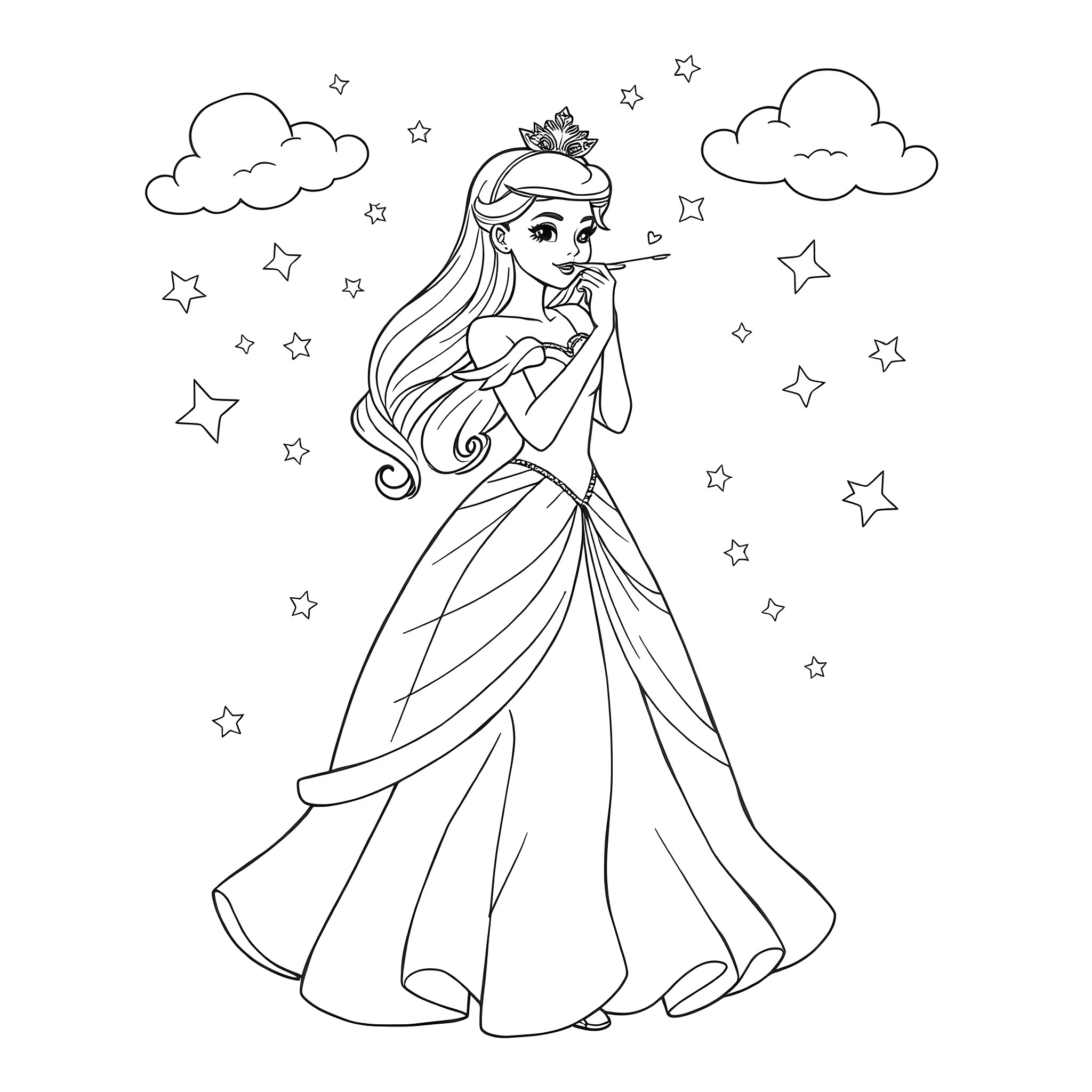 Princess in Starry Night Celebration Coloring Page (free black-and-white line drawing printable PDF for all, from beginners to advanced learners, including children, teens, adults, and seniors)
