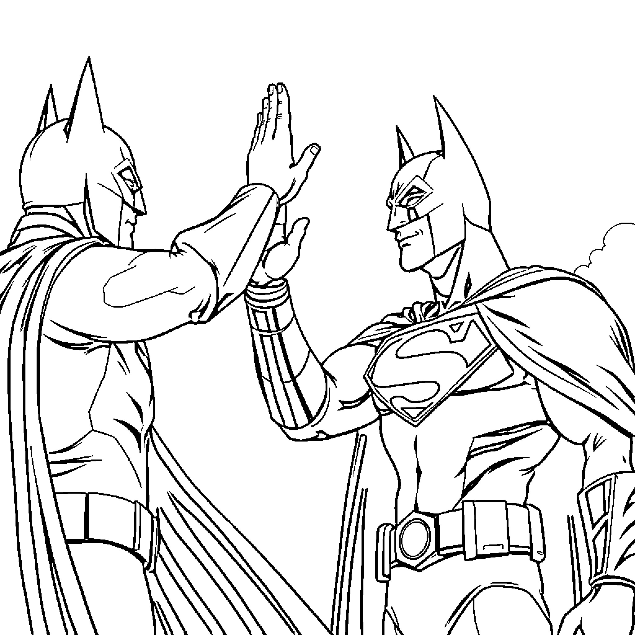 Superman and Batman in heroic standoff Coloring Page (free black-and-white line drawing printable PDF for all, from beginners to advanced learners, including children, teens, adults, and seniors)