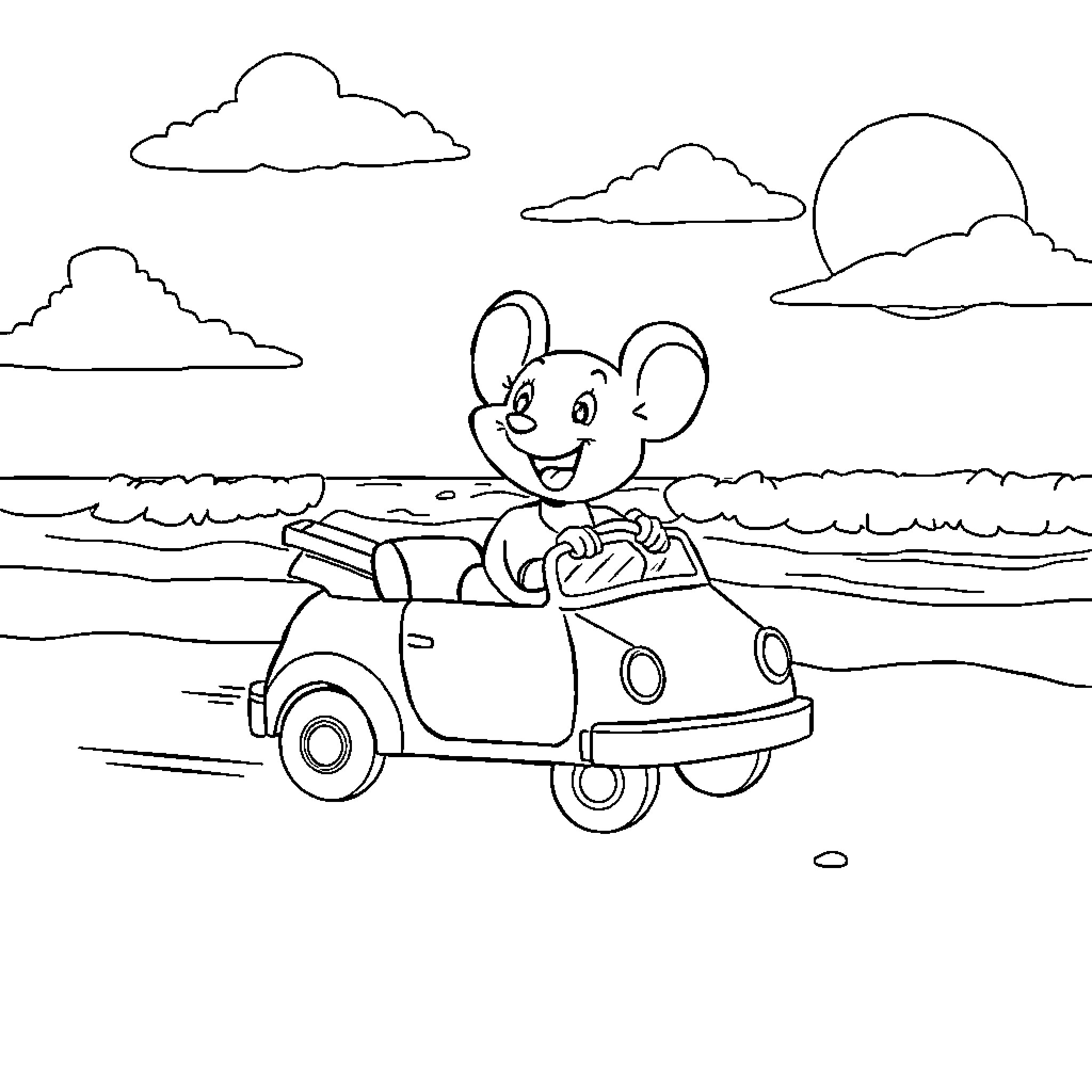 Mouse driving happily in a car by the beach Coloring Page (free black-and-white line drawing printable PDF for all, from beginners to advanced learners, including children, teens, adults, and seniors)
