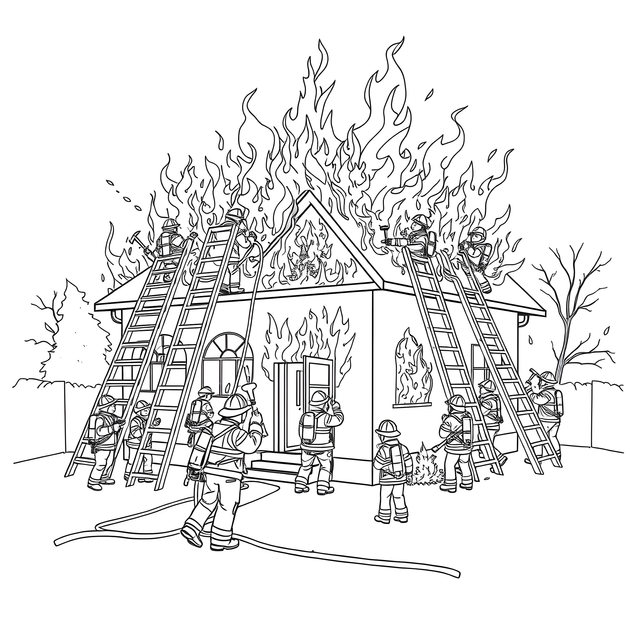 Firefighters battling a raging house fire Coloring Page (free black-and-white line drawing printable PDF for all, from beginners to advanced learners, including children, teens, adults, and seniors)