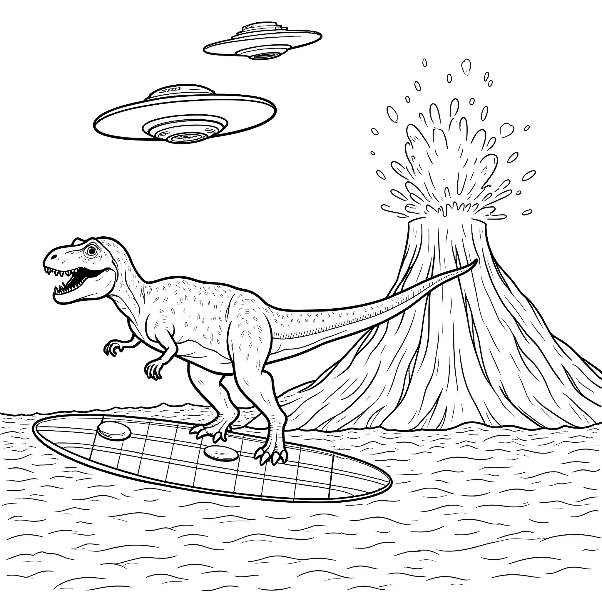 T-Rex surfing near erupting volcano Coloring Page (free black-and-white line drawing printable PDF for all, from beginners to advanced learners, including children, teens, adults, and seniors)