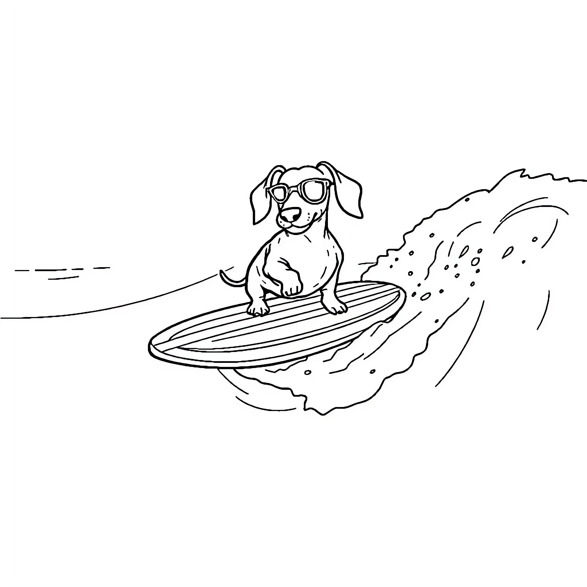 Dachshund surfing on a wave Coloring Page (free black-and-white line drawing printable PDF for all, from beginners to advanced learners, including children, teens, adults, and seniors)
