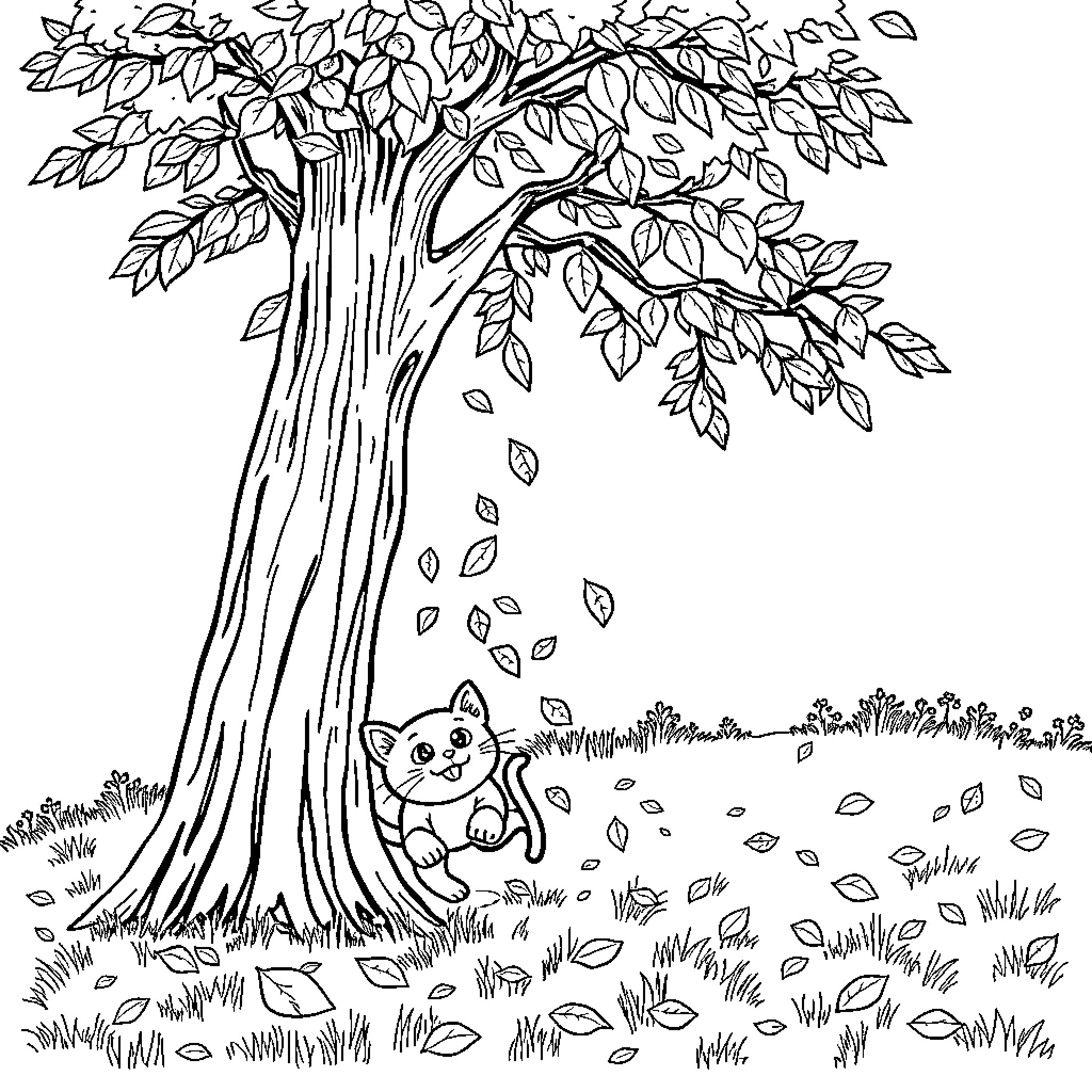 Cat resting under the autumnal tree Coloring Page (free black-and-white line drawing printable PDF for all, from beginners to advanced learners, including children, teens, adults, and seniors)