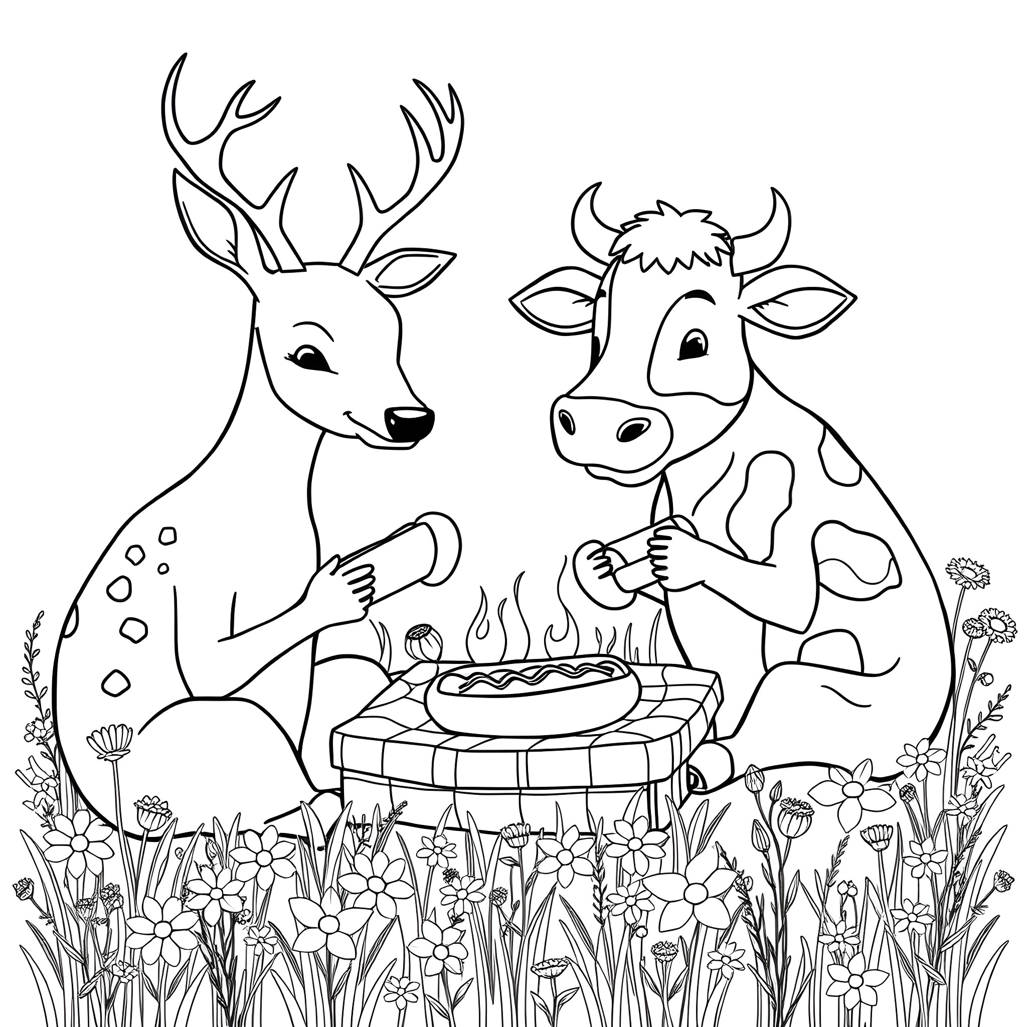 Deer and cow sharing a meal in a meadow Coloring Page (free black-and-white line drawing printable PDF for all, from beginners to advanced learners, including children, teens, adults, and seniors)