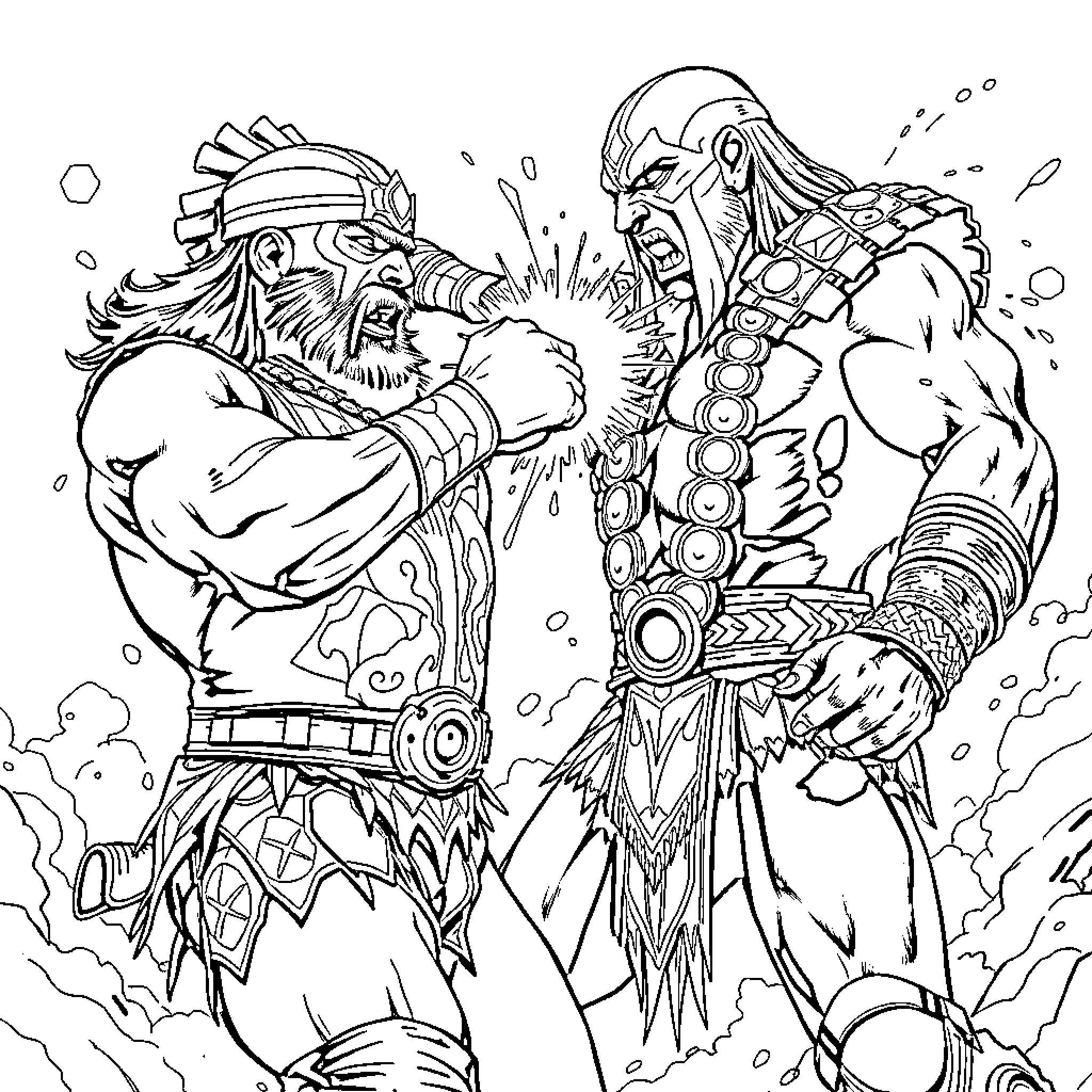 Macho Men in Battle of Brawn and Strength Coloring Page (free black-and-white line drawing printable PDF for all, from beginners to advanced learners, including children, teens, adults, and seniors)