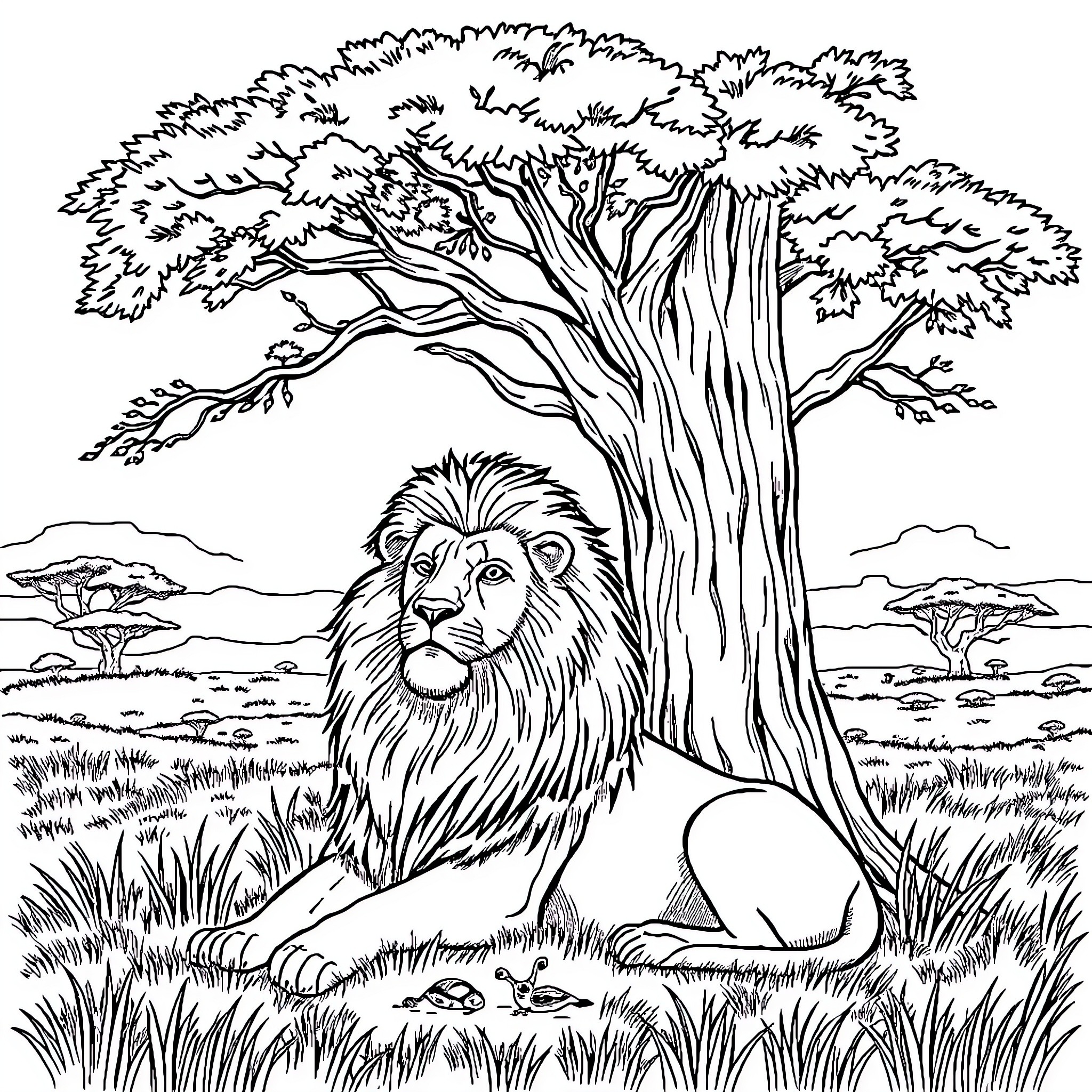 Lion resting peacefully under the majestic tree Coloring Page (free black-and-white line drawing printable PDF for all, from beginners to advanced learners, including children, teens, adults, and seniors)