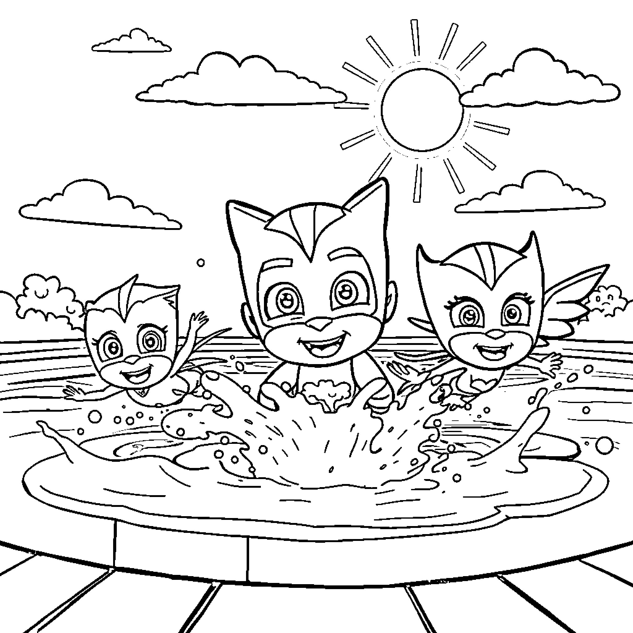 PJ Mask Characters Playing Together in the Sunshine Coloring Page (free black-and-white line drawing printable PDF for all, from beginners to advanced learners, including children, teens, adults, and seniors)