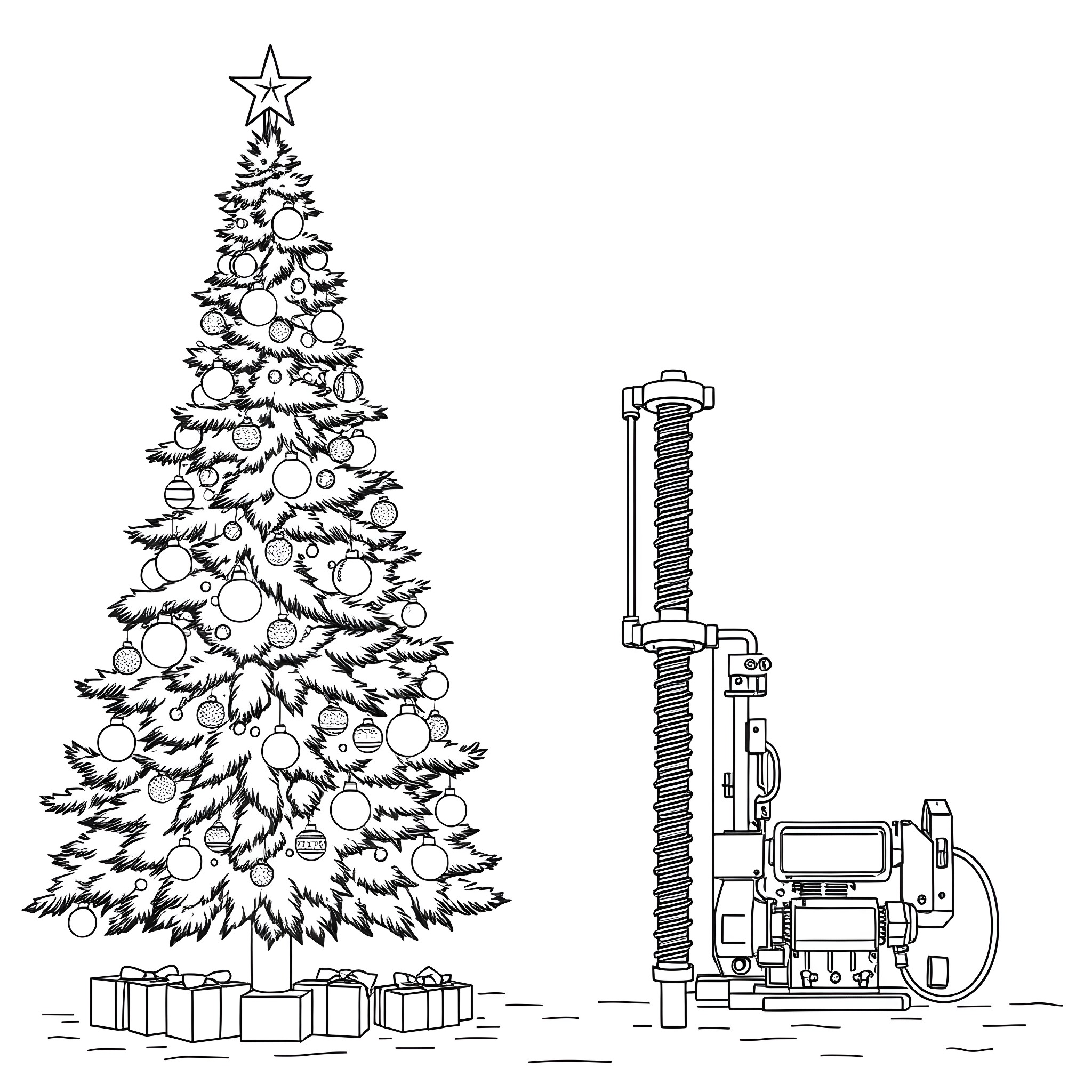 Christmas Tree with Decorations and Tools Coloring Page (free black-and-white line drawing printable PDF for all, from beginners to advanced learners, including children, teens, adults, and seniors)