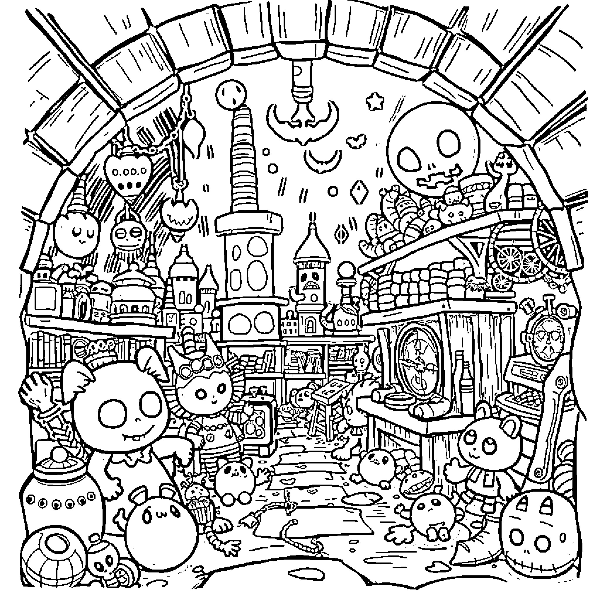 Poppy's Whimsical and Eccentric Wonderland Coloring Page (free black-and-white line drawing printable PDF for all, from beginners to advanced learners, including children, teens, adults, and seniors)