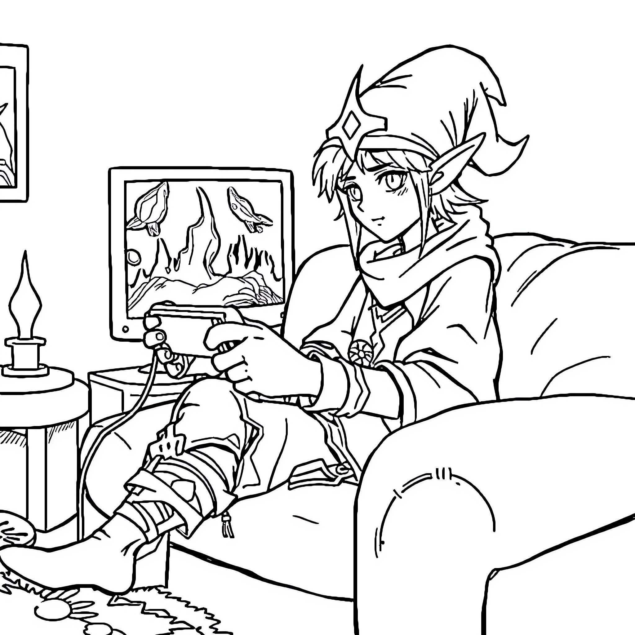 Frieren enjoying a cozy evening at home Coloring Page (free black-and-white line drawing printable PDF for all, from beginners to advanced learners, including children, teens, adults, and seniors)