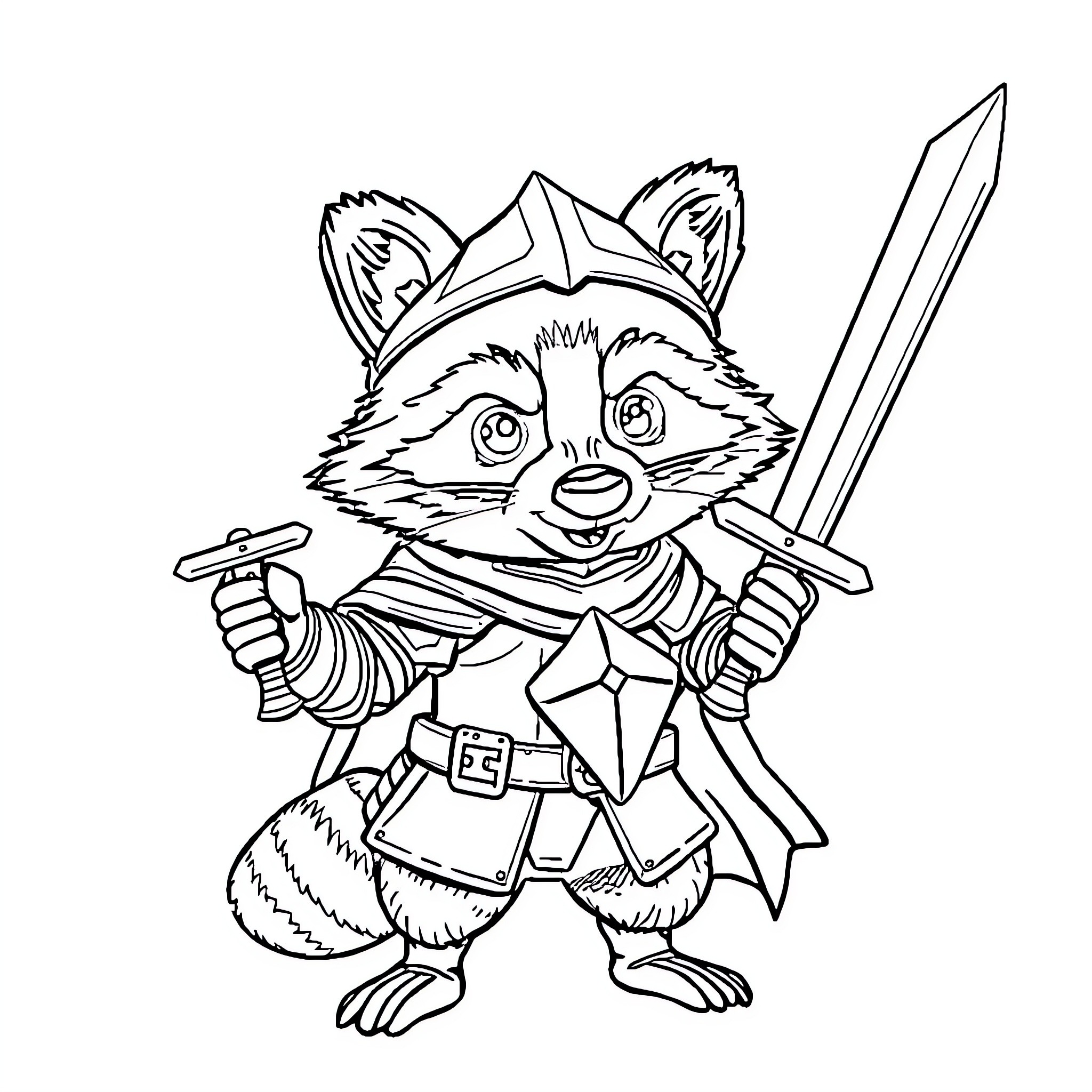 Raccoon warrior wielding swords in battle stance Coloring Page (free black-and-white line drawing printable PDF for all, from beginners to advanced learners, including children, teens, adults, and seniors)