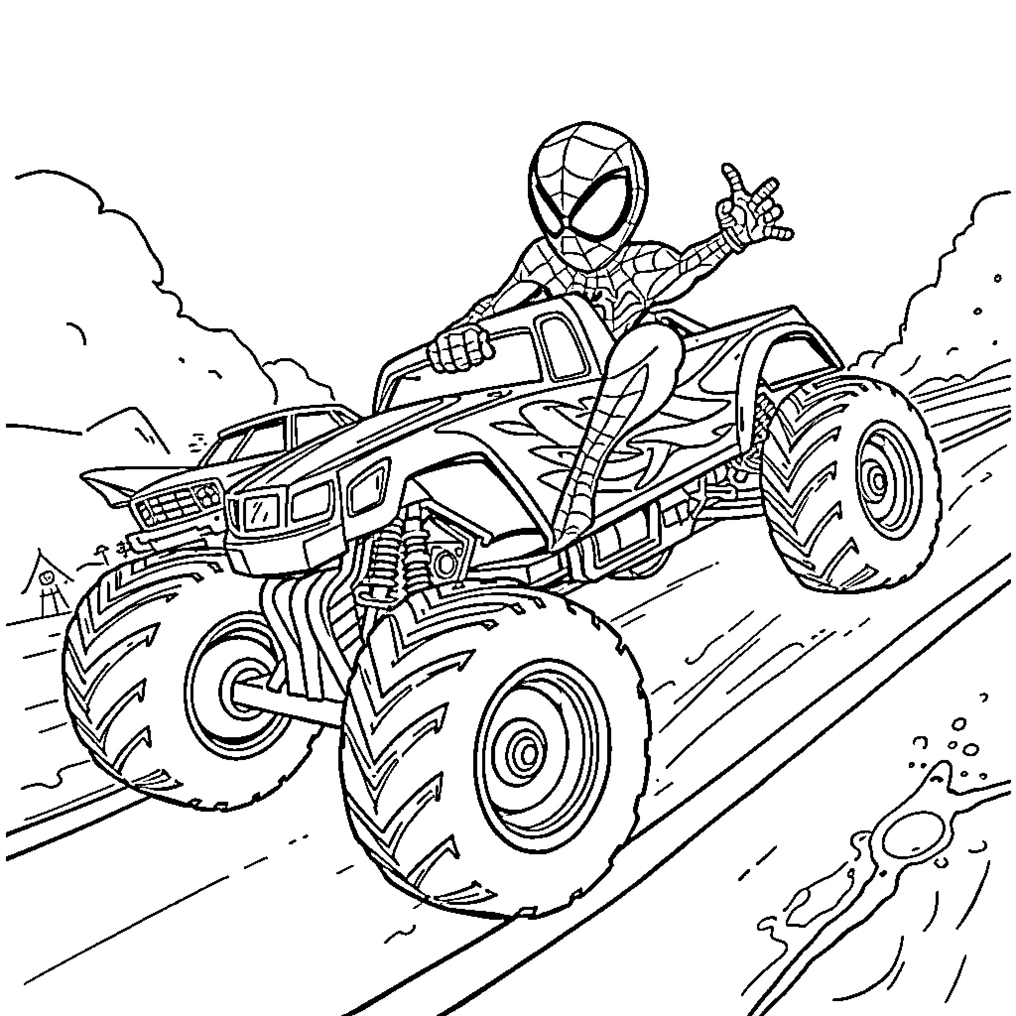 Spider-Man riding a monster truck through a rugged terrain Coloring Page (free black-and-white line drawing printable PDF for all, from beginners to advanced learners, including children, teens, adults, and seniors)