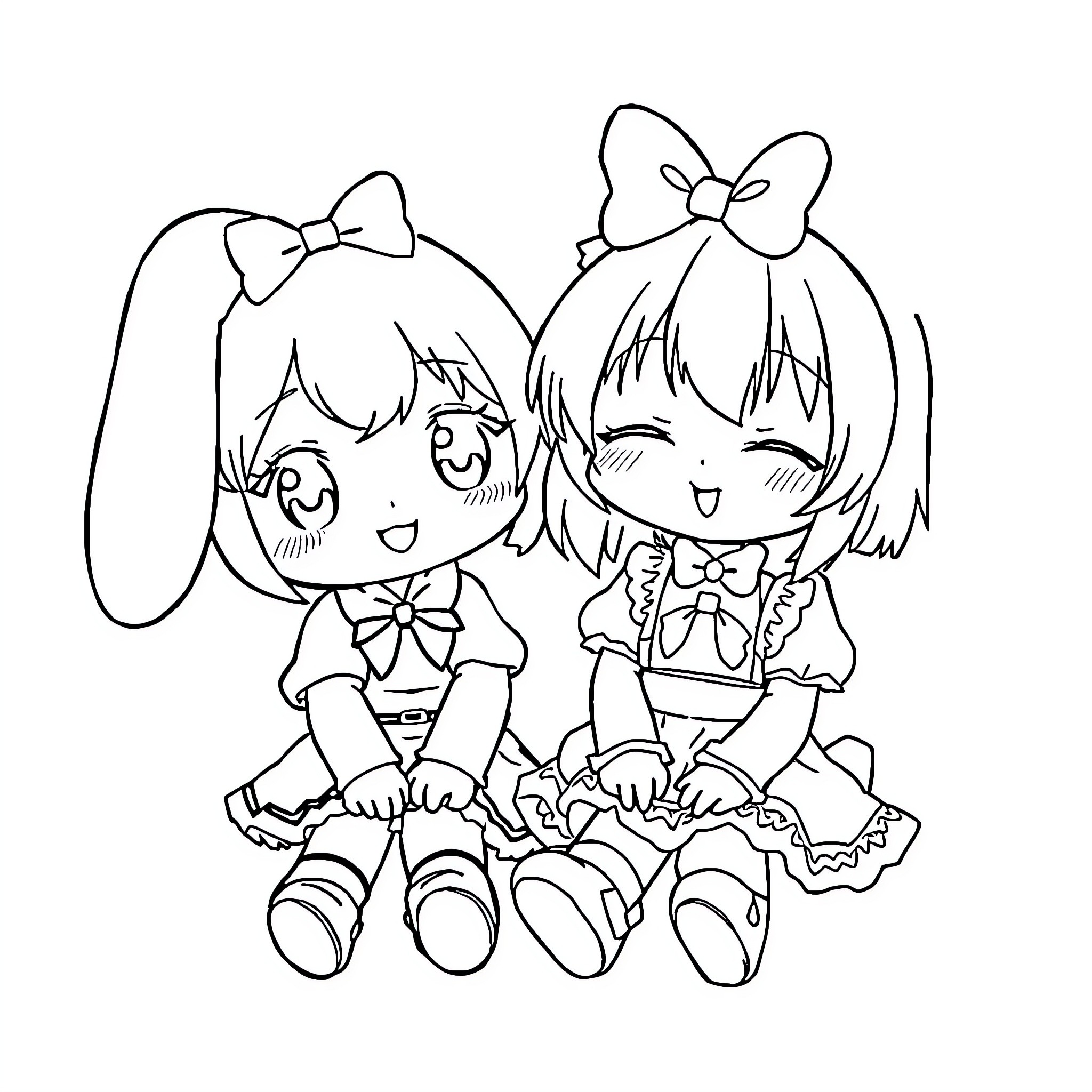 My Melody Duo's Joyful Playtime Coloring Page (free black-and-white line drawing printable PDF for all, from beginners to advanced learners, including children, teens, adults, and seniors)