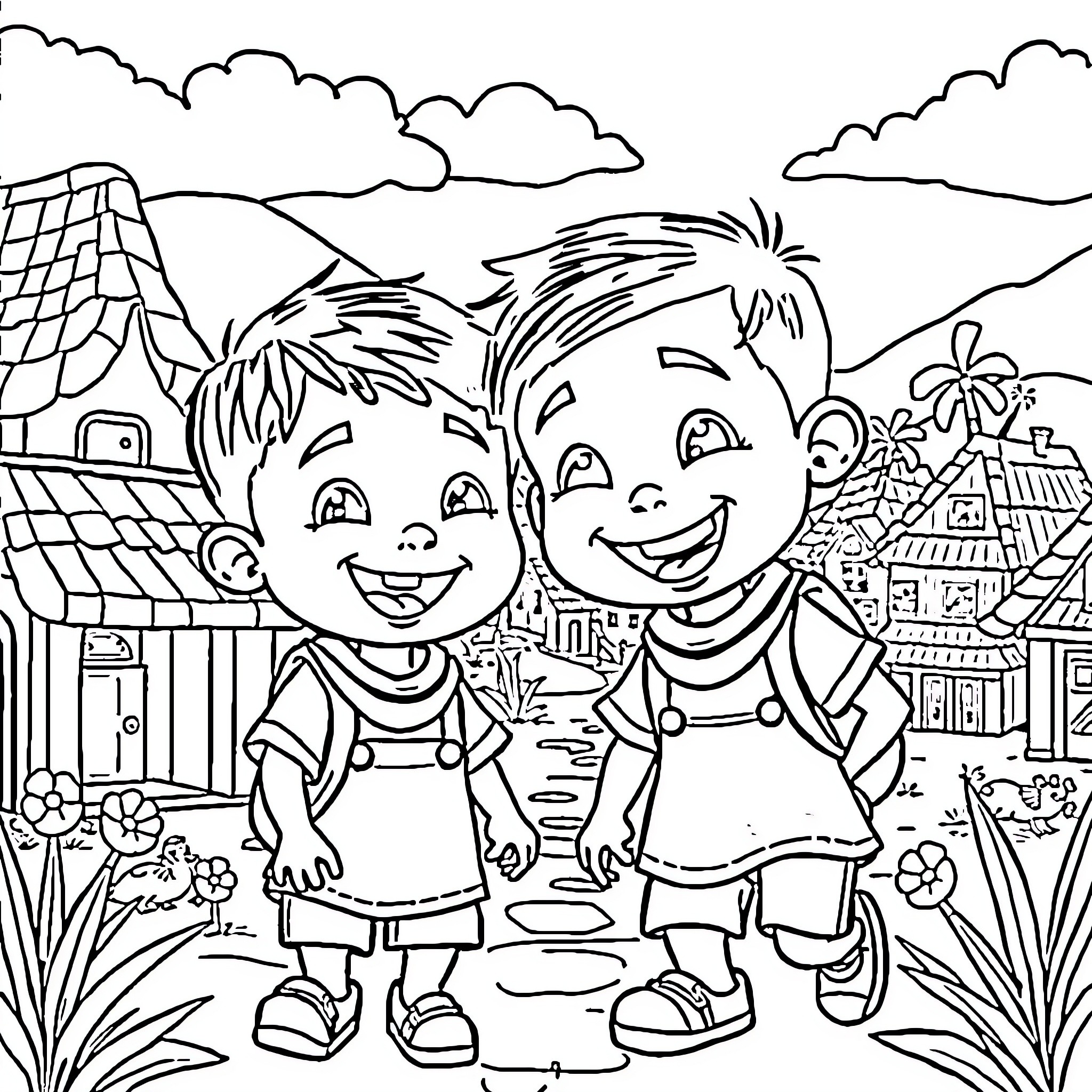Upin and Ipin exploring the village Coloring Page (free black-and-white line drawing printable PDF for all, from beginners to advanced learners, including children, teens, adults, and seniors)