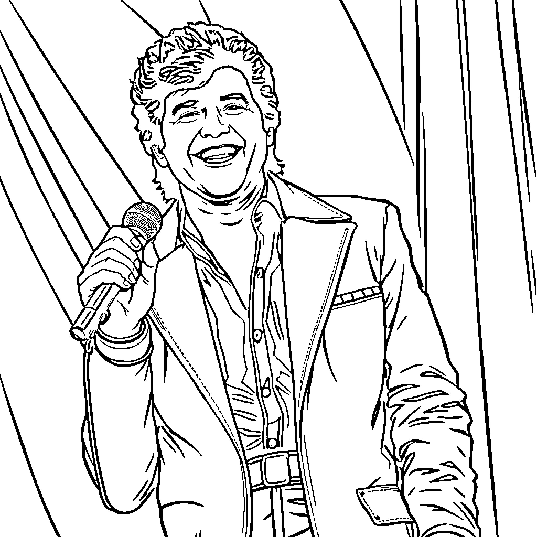 Donny Osmond performing on stage with microphone Coloring Page (free black-and-white line drawing printable PDF for all, from beginners to advanced learners, including children, teens, adults, and seniors)