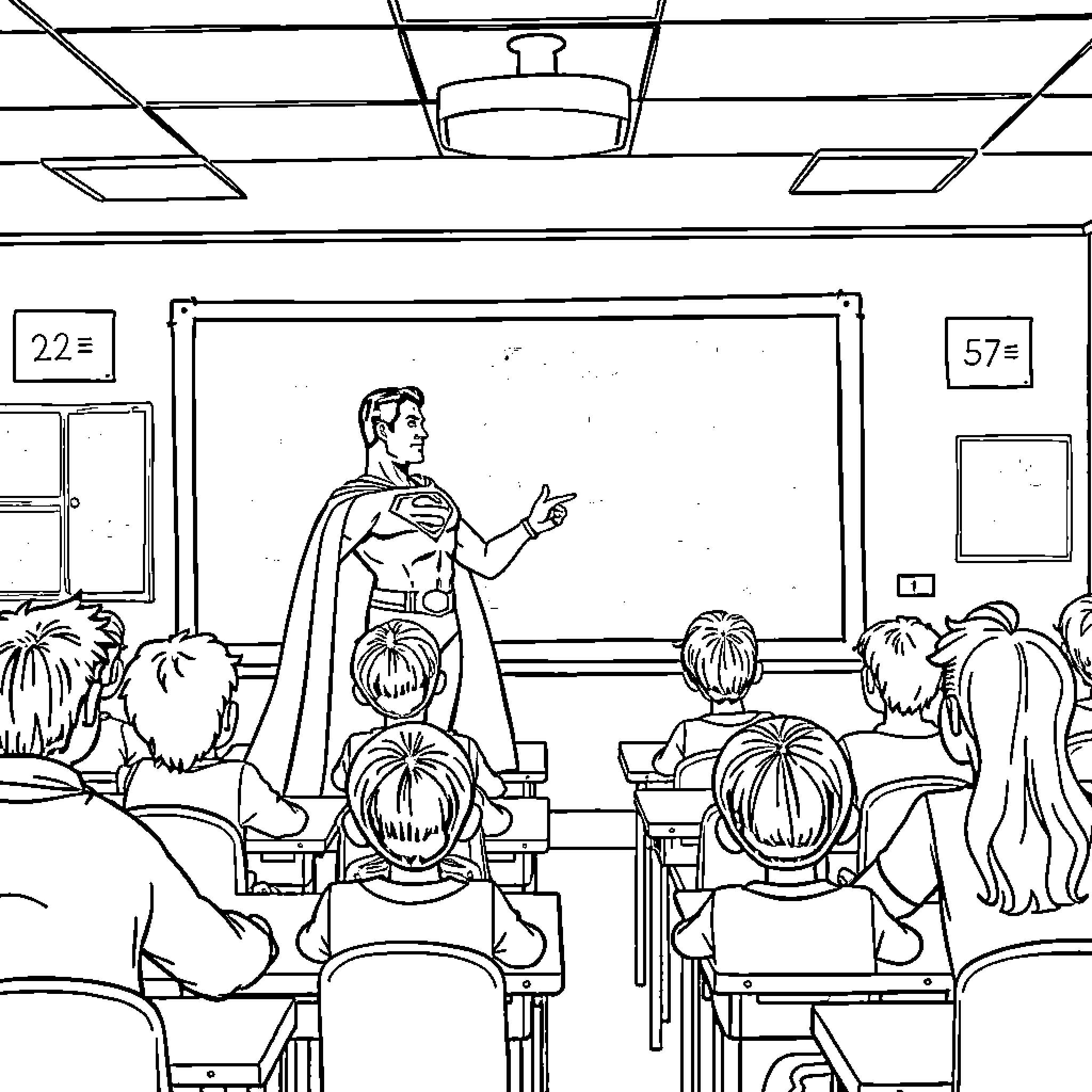 Superman teaching students in the classroom Coloring Page (free black-and-white line drawing printable PDF for all, from beginners to advanced learners, including children, teens, adults, and seniors)