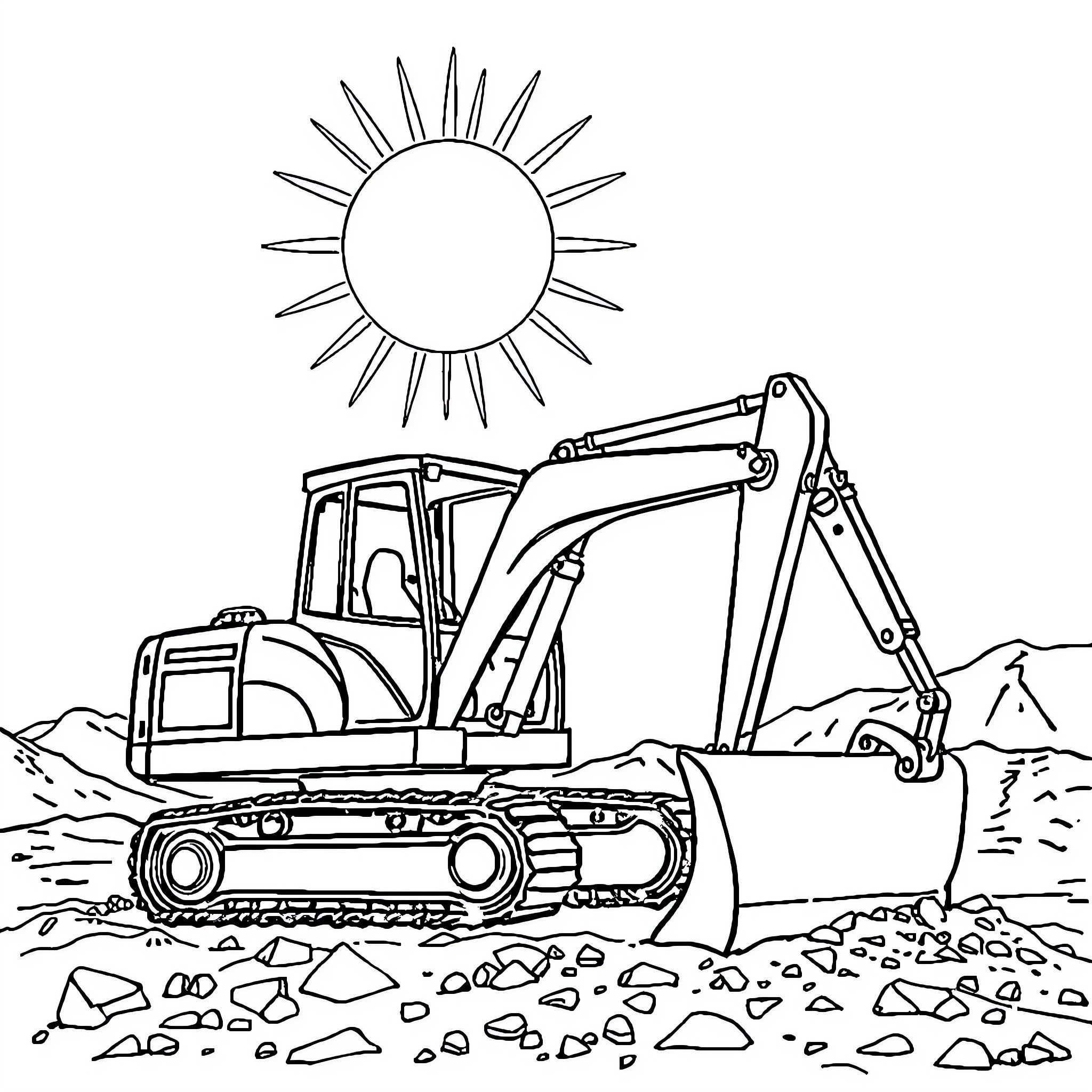 Excavator at work on construction site Coloring Page (free black-and-white line drawing printable PDF for all, from beginners to advanced learners, including children, teens, adults, and seniors)
