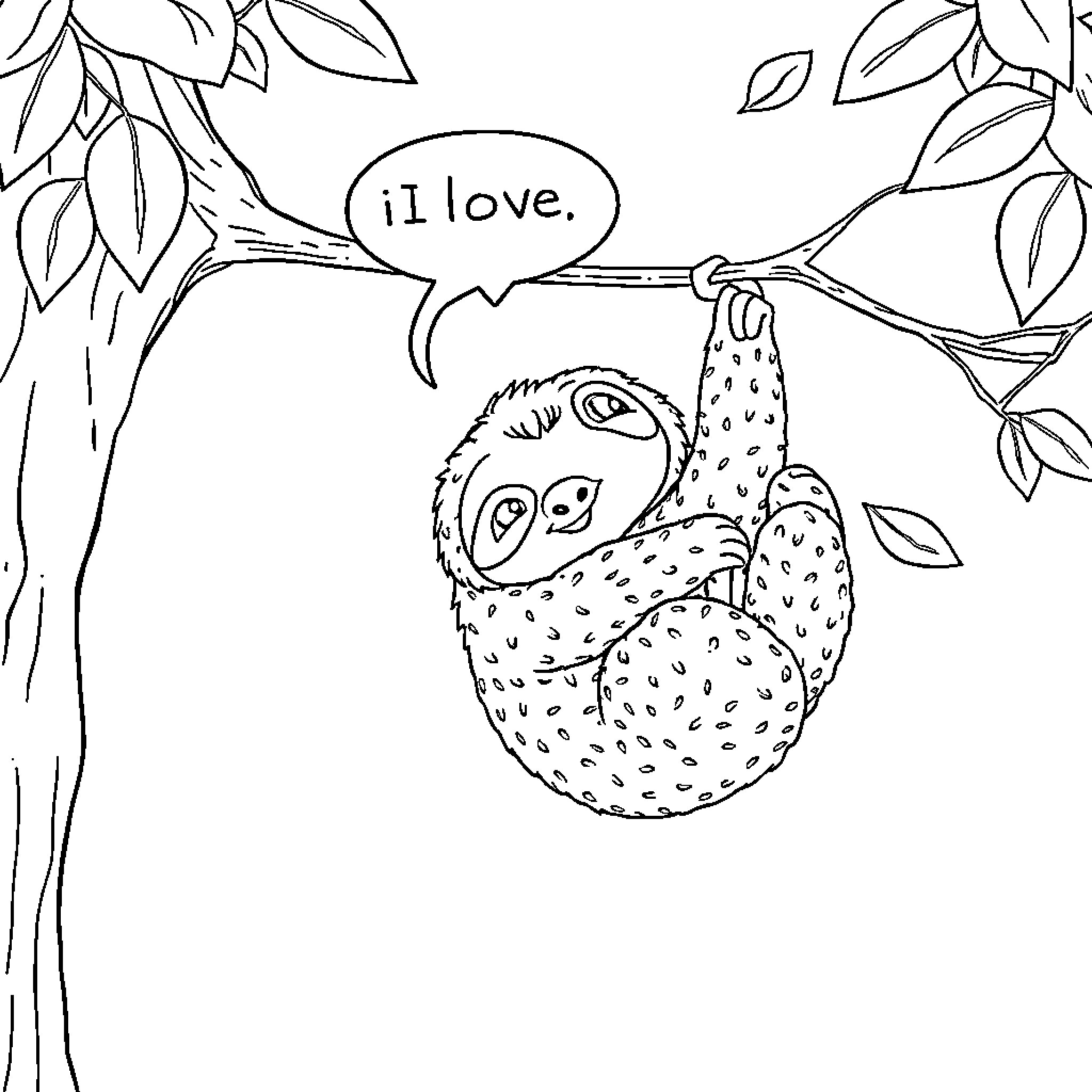 Sloth expressing love while hanging from tree branch Coloring Page (free black-and-white line drawing printable PDF for all, from beginners to advanced learners, including children, teens, adults, and seniors)