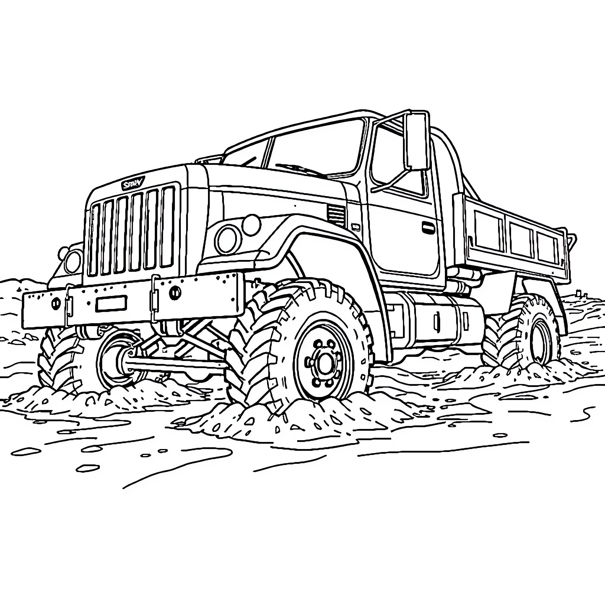 Truck Transporting Heavy Load on Rough Terrain Coloring Page (free black-and-white line drawing printable PDF for all, from beginners to advanced learners, including children, teens, adults, and seniors)