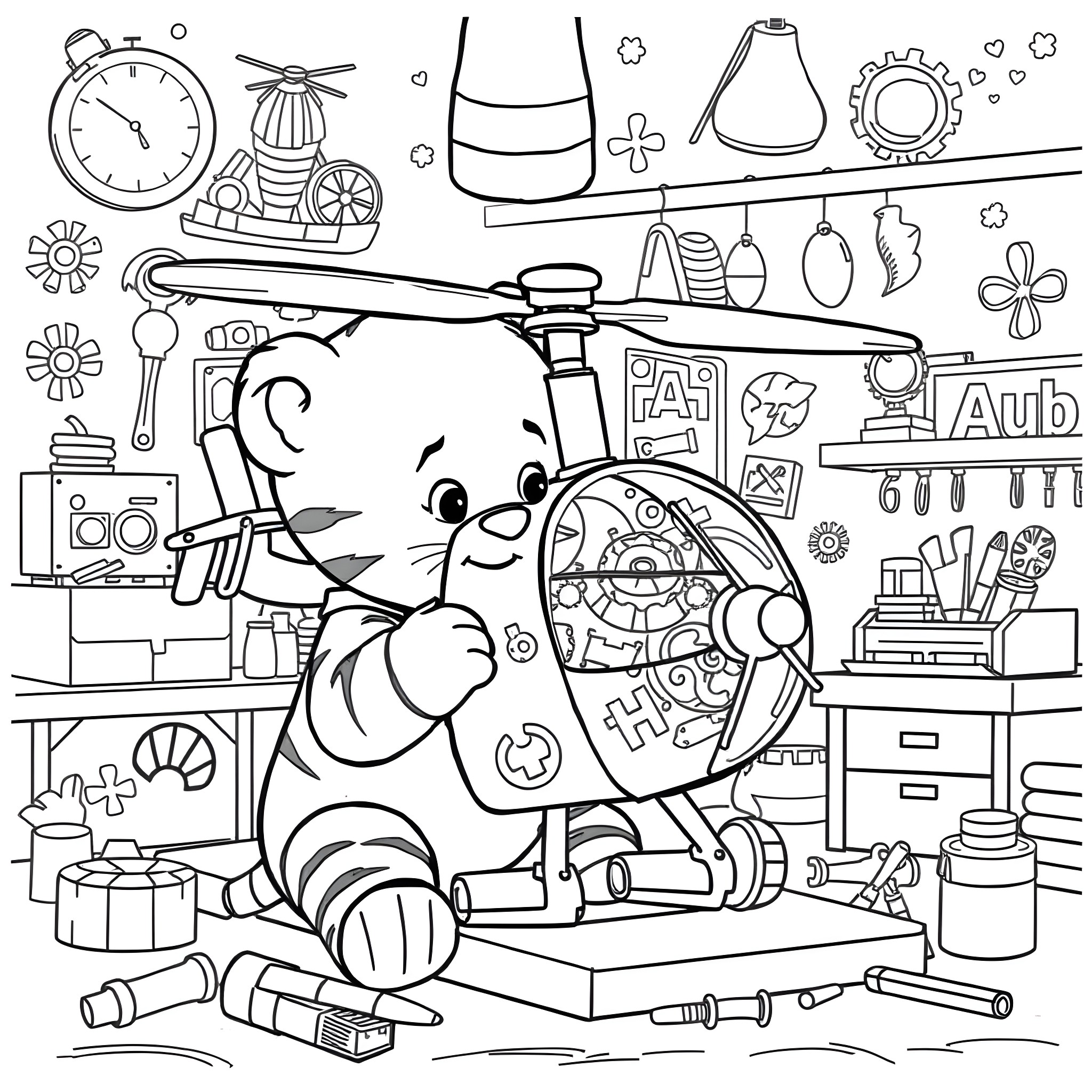 Daniel Tiger's Cozy Workshop with Toys and Tools Coloring Page (free black-and-white line drawing printable PDF for all, from beginners to advanced learners, including children, teens, adults, and seniors)