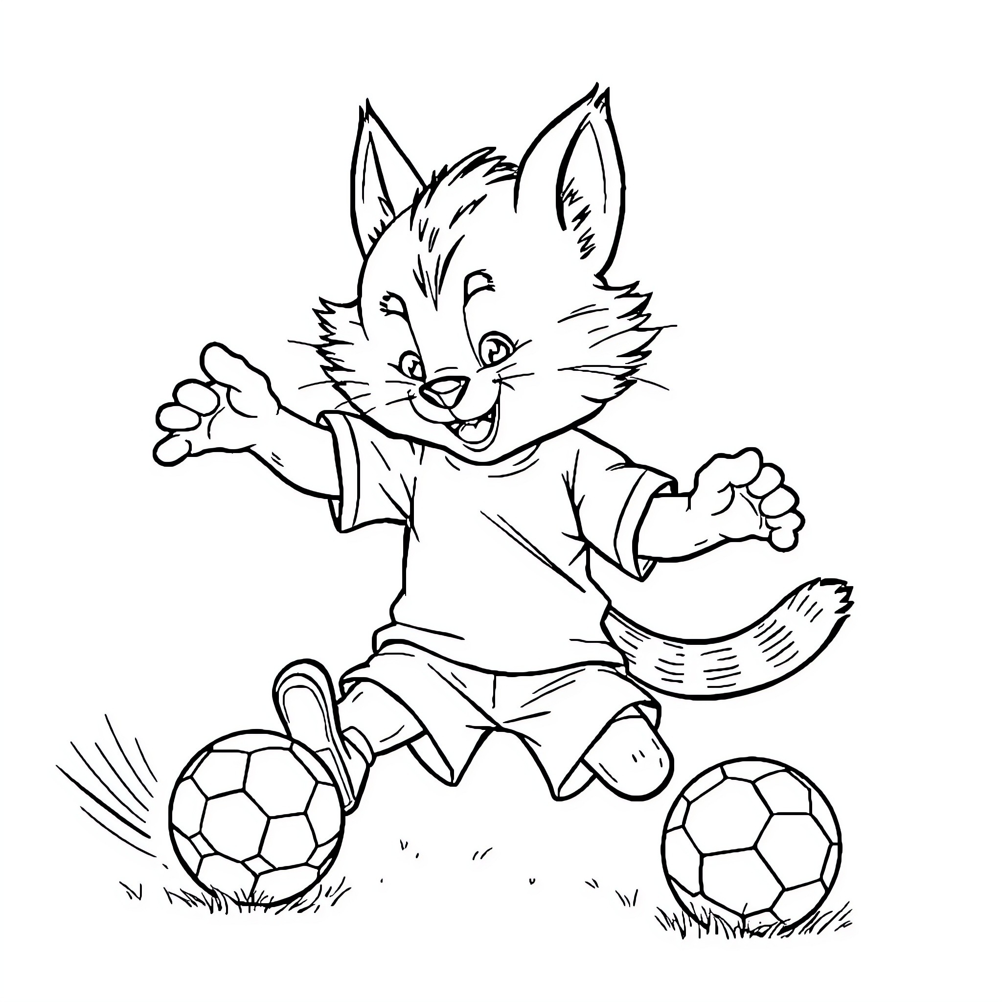 Football-Playing Animated Cat Character Coloring Page (free black-and-white line drawing printable PDF for all, from beginners to advanced learners, including children, teens, adults, and seniors)