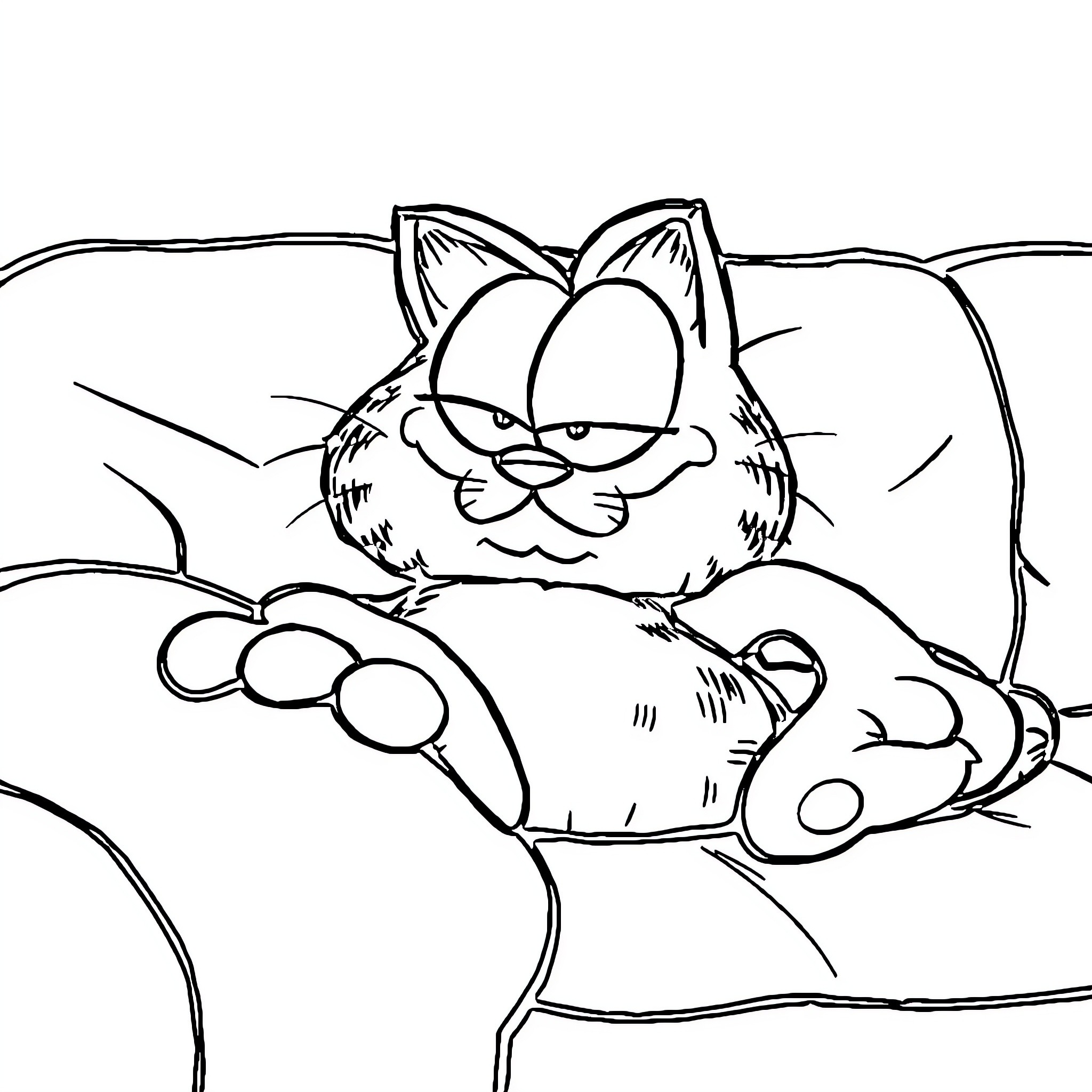 Garfield napping comfortably on the couch Coloring Page (free black-and-white line drawing printable PDF for all, from beginners to advanced learners, including children, teens, adults, and seniors)