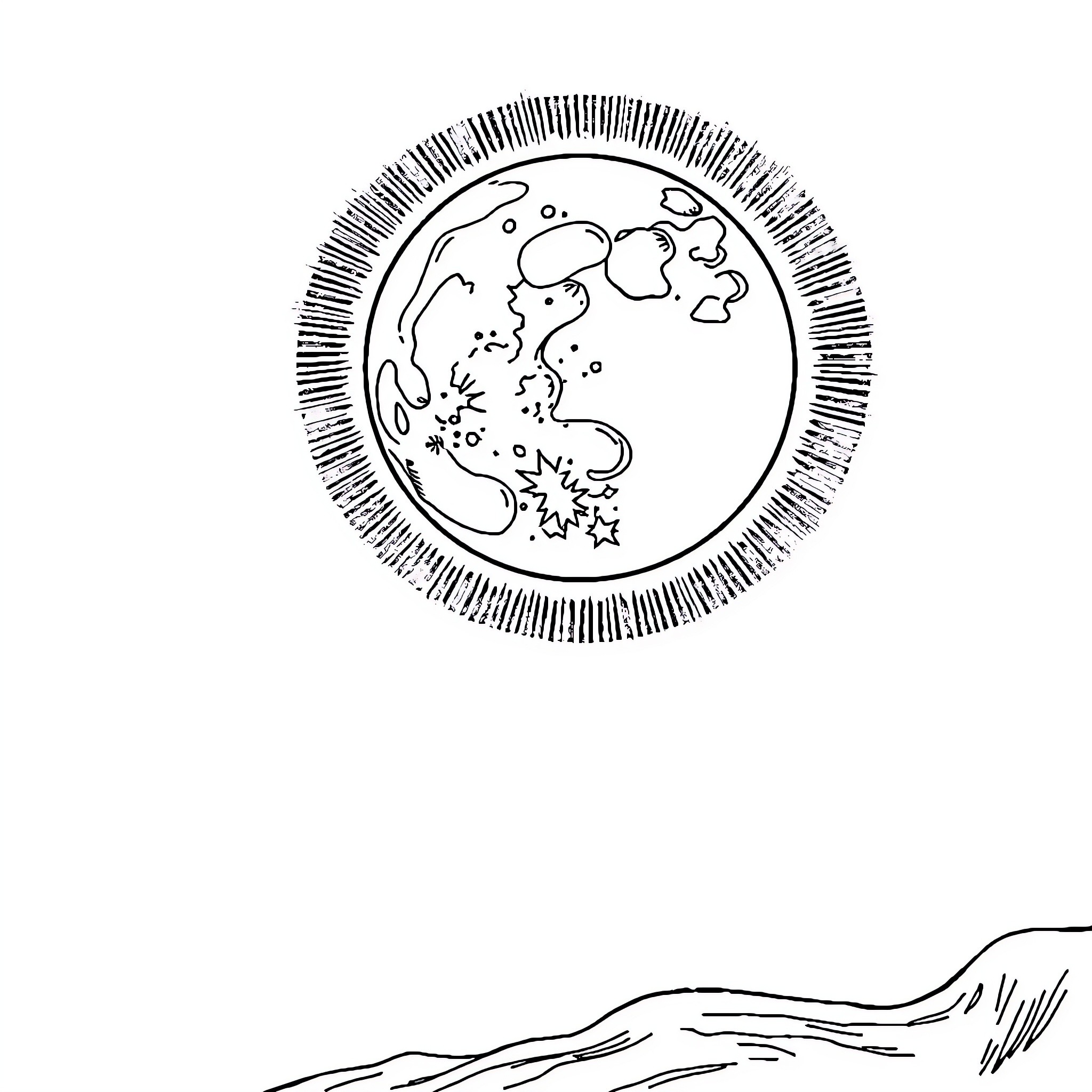 Moon illuminating the night landscape Coloring Page (free black-and-white line drawing printable PDF for all, from beginners to advanced learners, including children, teens, adults, and seniors)