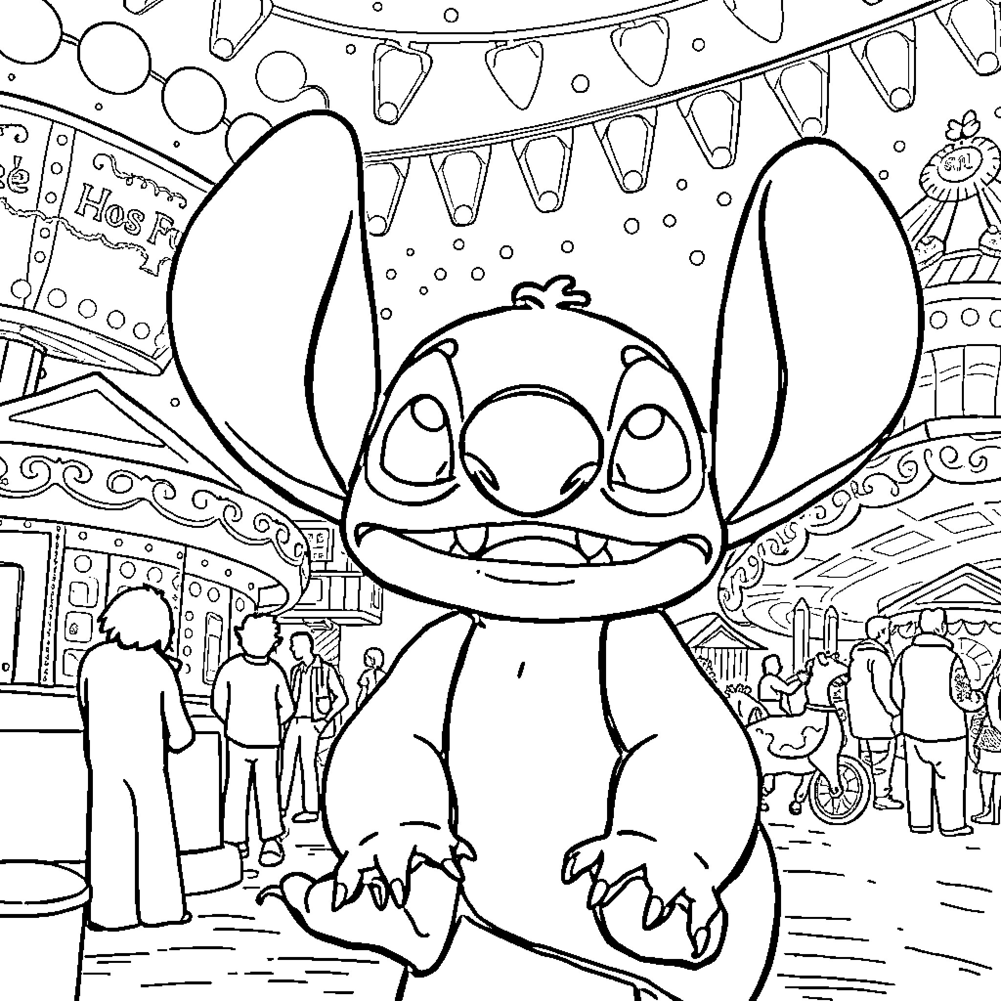 Stitch enjoying a carnival celebration Coloring Page (free black-and-white line drawing printable PDF for all, from beginners to advanced learners, including children, teens, adults, and seniors)
