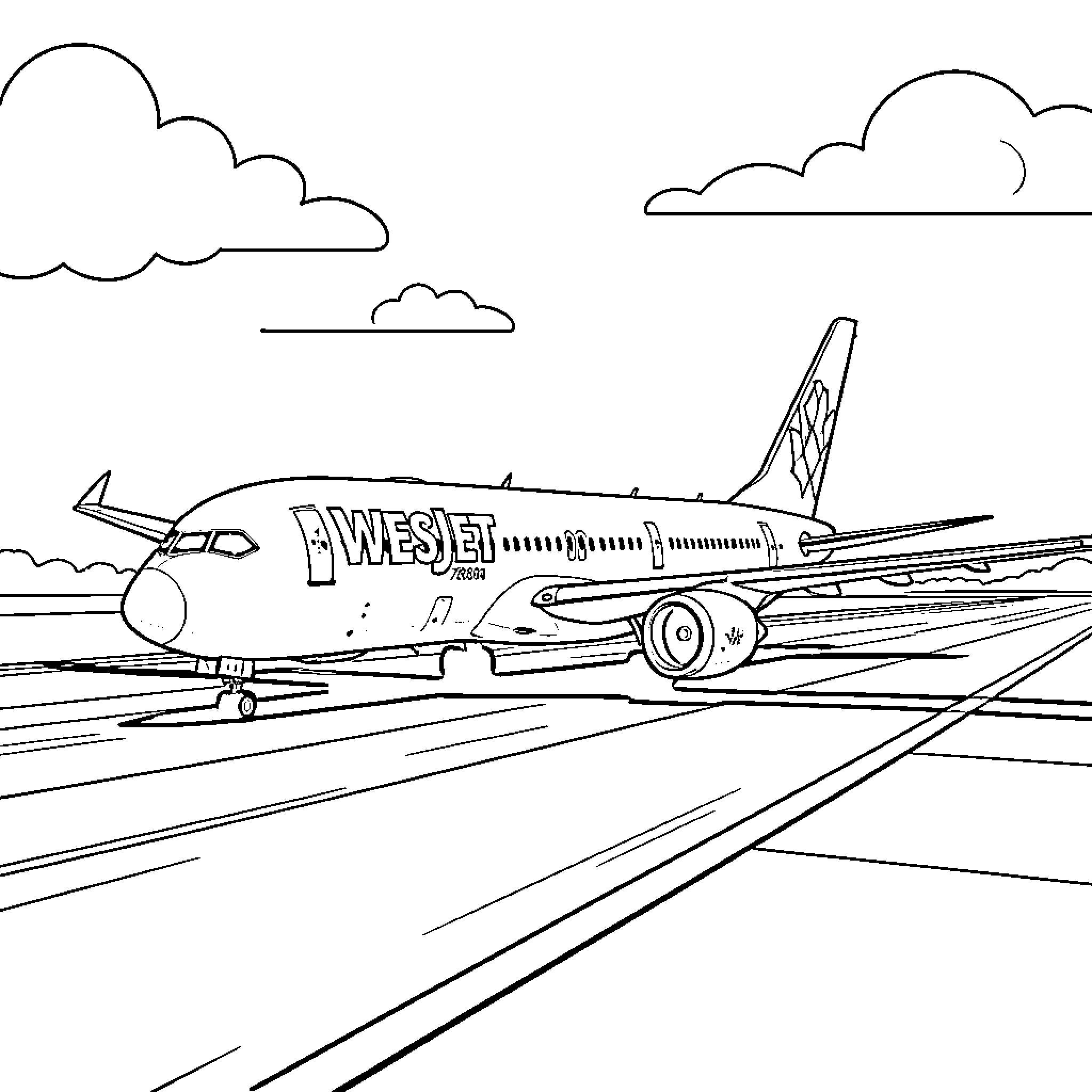 Wesjet 787 aircraft taxiing on a runway Coloring Page (free black-and-white line drawing printable PDF for all, from beginners to advanced learners, including children, teens, adults, and seniors)